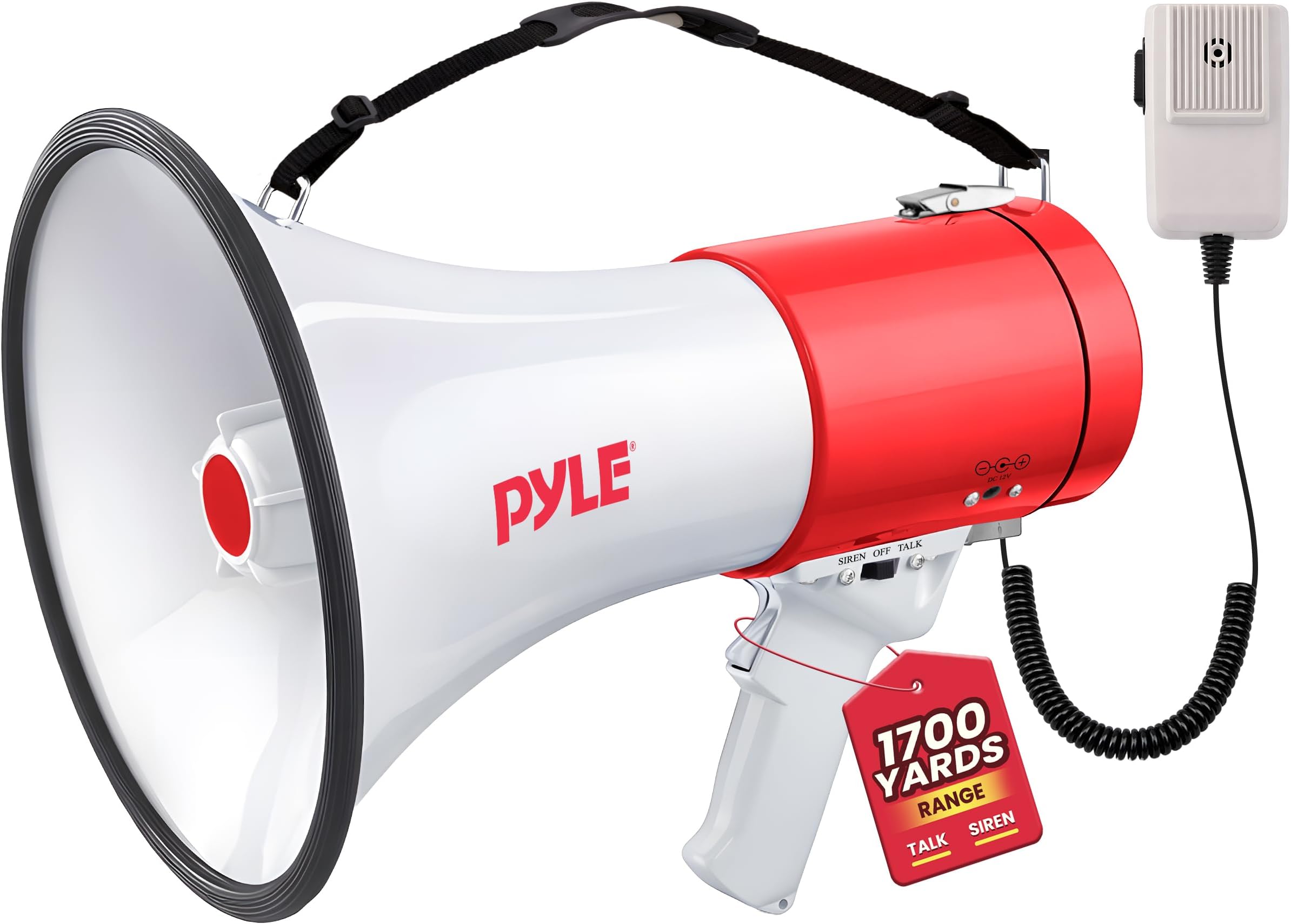 Megaphone 50W PA Bullhorn - Built-in Siren, Adjustable Volume Control & 1760 Yard Range, Record Function - Ideal for Football, Baseball, Cheerleading Fans, Coaches & Safety Drills