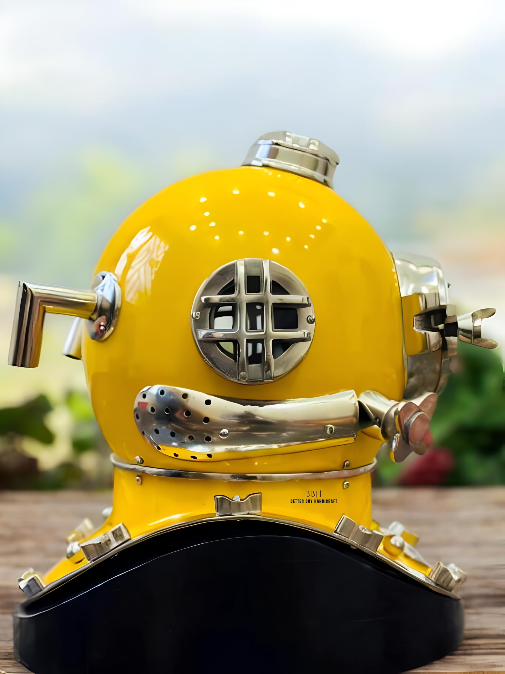 Casco de buceo amarillo sin base, casco de buceo Mark V de 18 pulgadas con base de madera, casco decorativo de barco marítimo, el mejor regalo de decoración, Amarillo, 46 cm