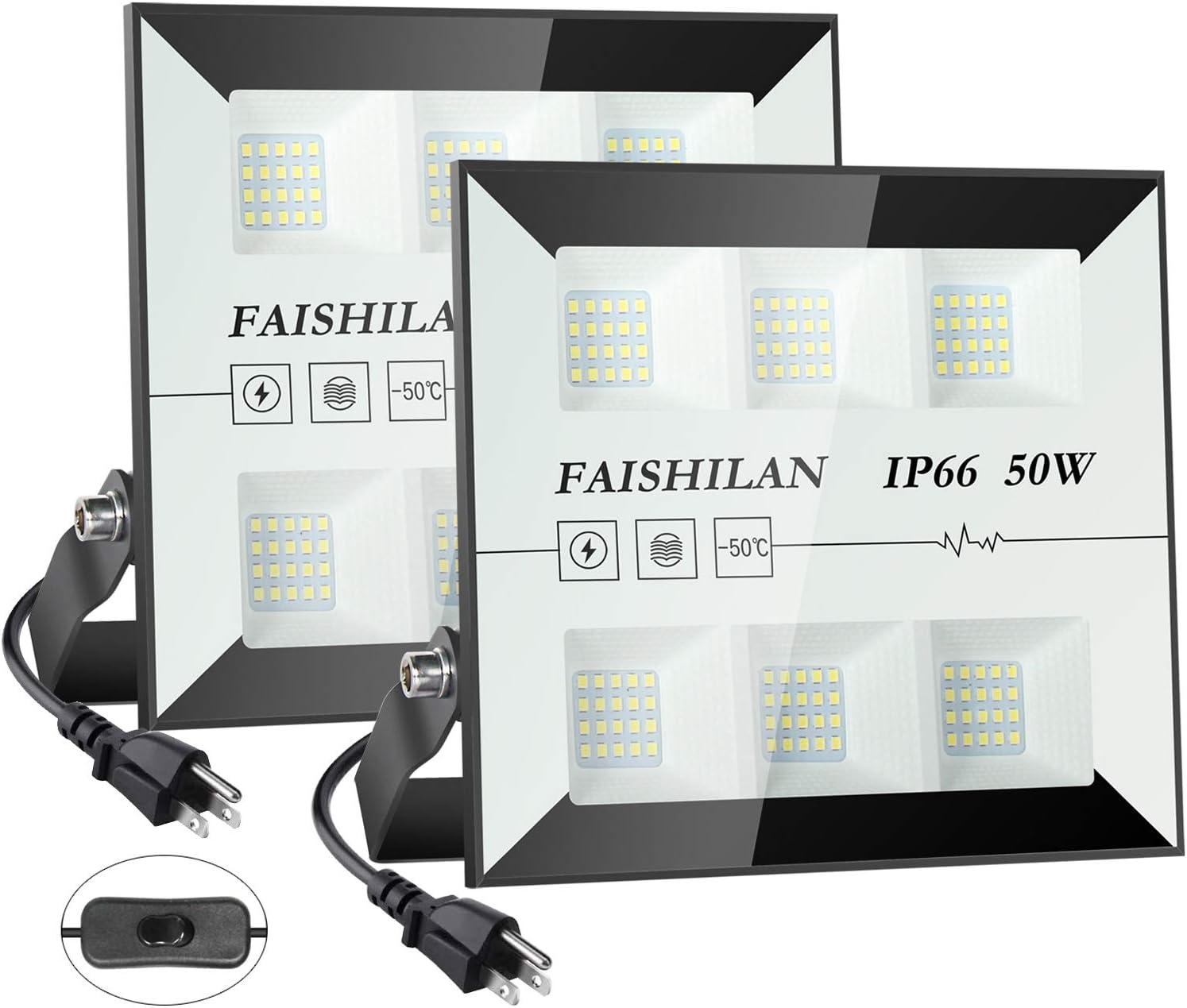 FAISHLAN Upgrade 2 Pack 50W LED Flood Lights, 250W Halogen Equivalent Led Work Light, Waterproof IP66 Outdoor Flood Lights, 5000K Super Bright LED Backyard Lights for Garage, Garden, Lawn and Yard