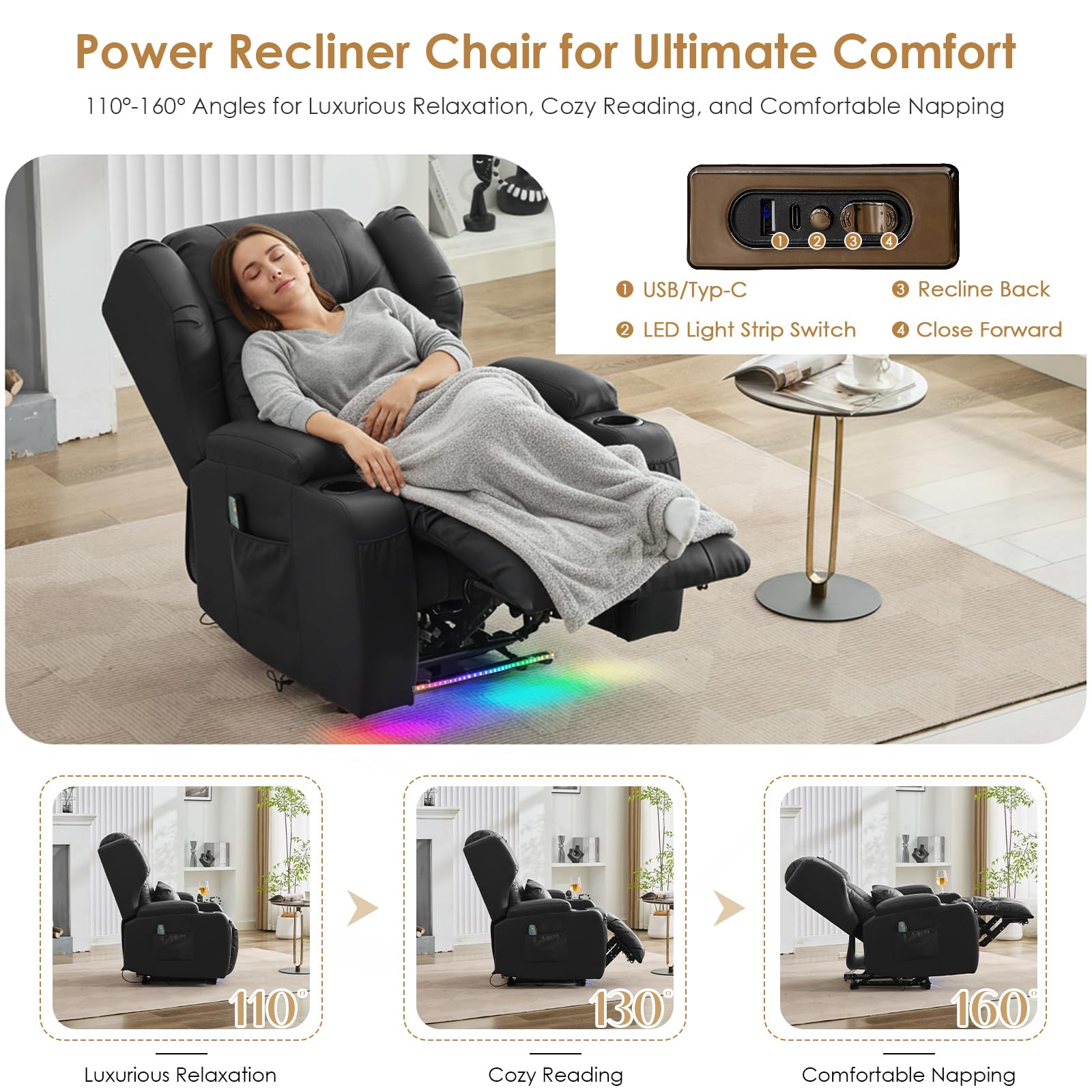 SAMERY Relaxsessel Elektrisch Massagesessel Fernsehsessel mit Liegefunktion Vibration Heizung, Relaxsessel & -liegen mit LED/USB, Kinosessel TV Sessel Wohnzimmer Schlafzimmer Schwarz 7815-3 Kartons