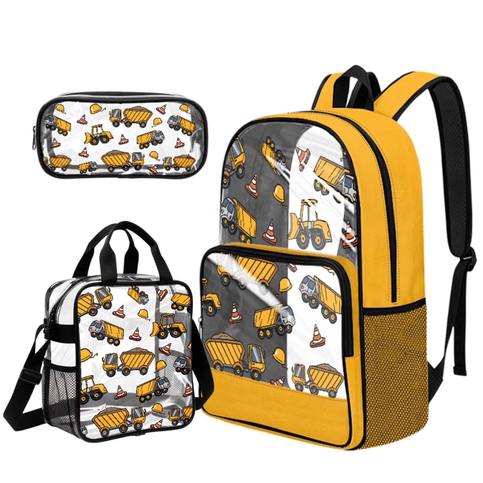 COEQINE Zaino trasparente da 4 pezzi per ragazzi 8-12 bambini borsa per libri scolastici con astuccio in PVC grande scatola per il pranzo Bookbag portachiavi, Costruzione Auto Giallo