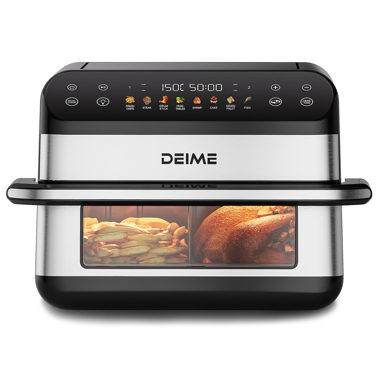 DEIME Dual Zone Air Fryer 10L Double 2400W Large Capacity Oven Air Fryers Healthy Cooker with 8 Preset, Large AirFryer for Families Visual Cooking Window, Non-Stick Basket