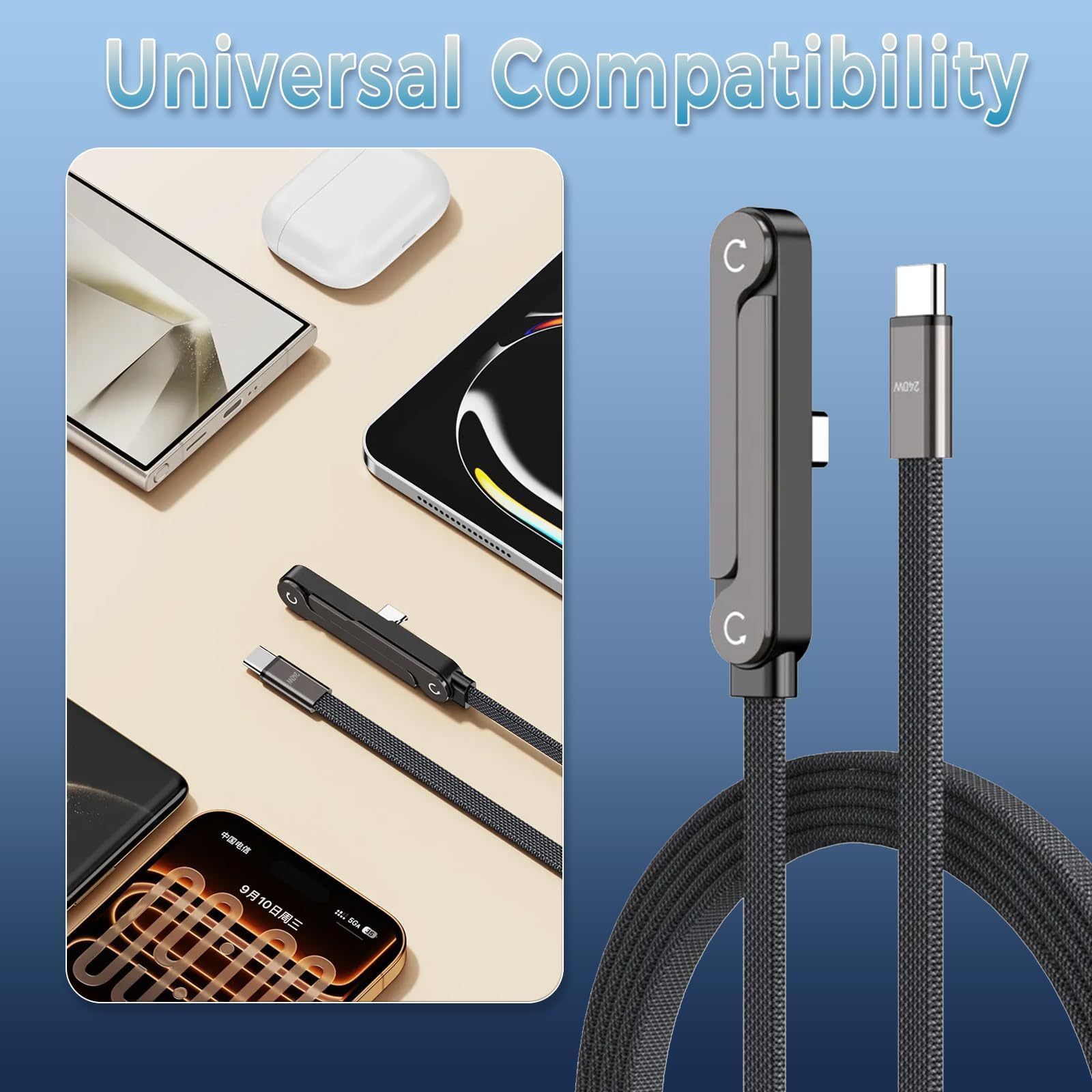 240W Braided Foldable Phone Stand Cord, Invisible Holder Charger Cable with Stand,T-Shaped Foldable Durable Type-C to Type-C for Smartphones & Tablets, 4.9FT — view 2