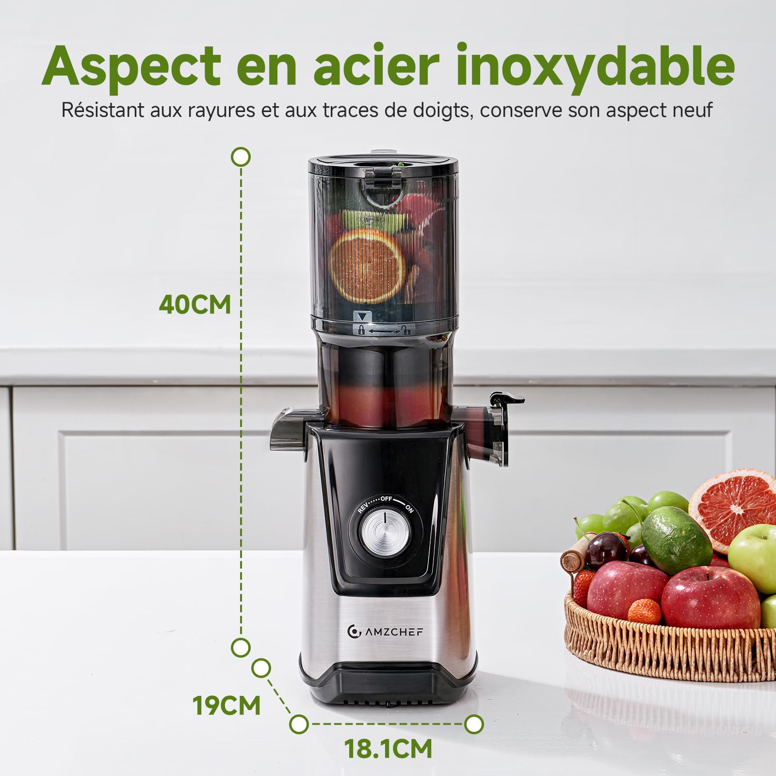 AMZCHEF Extracteur de Jus à Froid, Slow Juicer 118 mm, Fruits et Légumes Entiers, Fonction Inverse, Double Filtration, Argenté