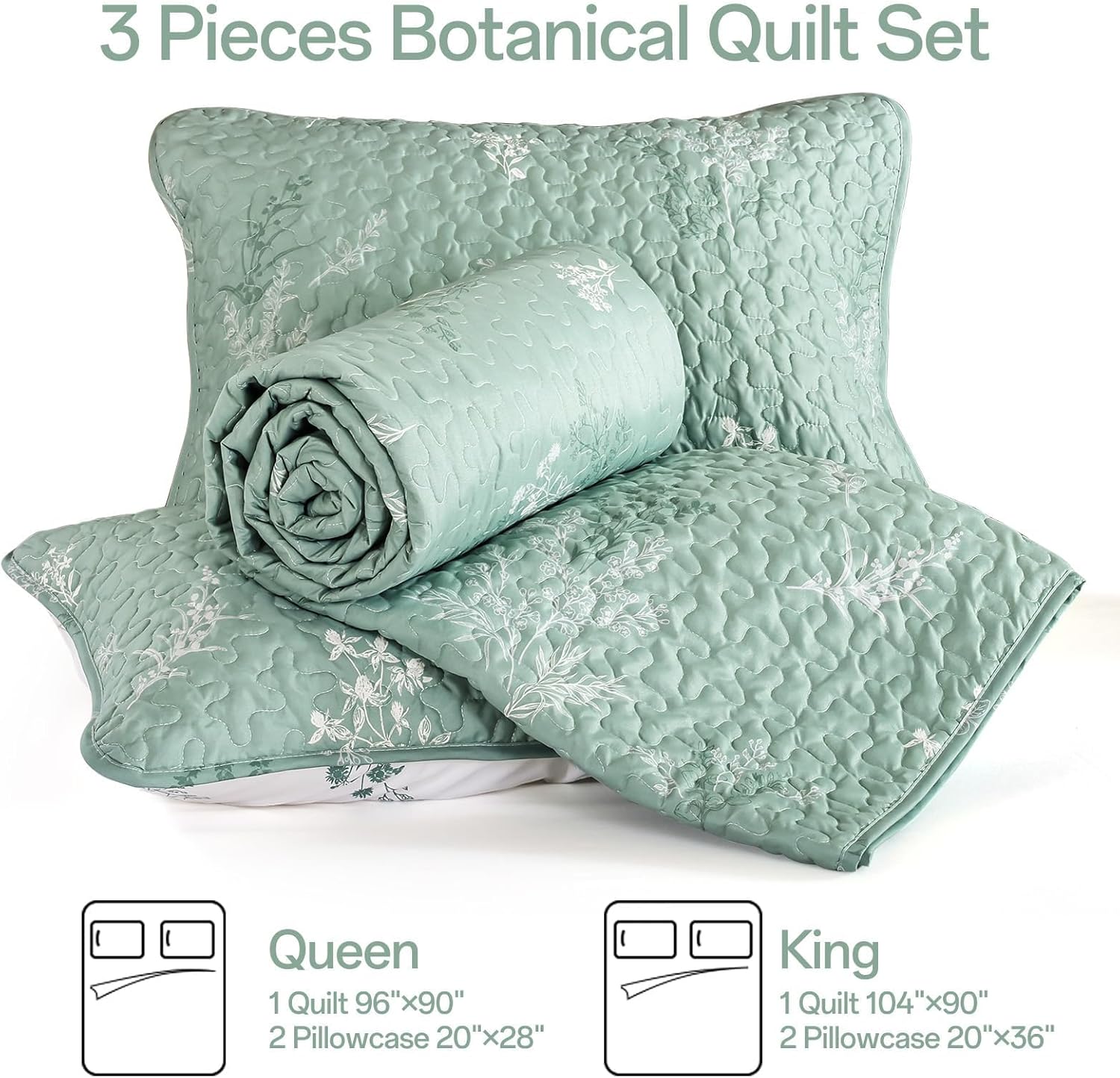 Drucon Sage Green Quilt Queen Size Reversible Botanical Floral Quilt Bedding Set 3 Piece Microfiber Lightweight Bedspreads with 2 Pillow Cases - Image 8