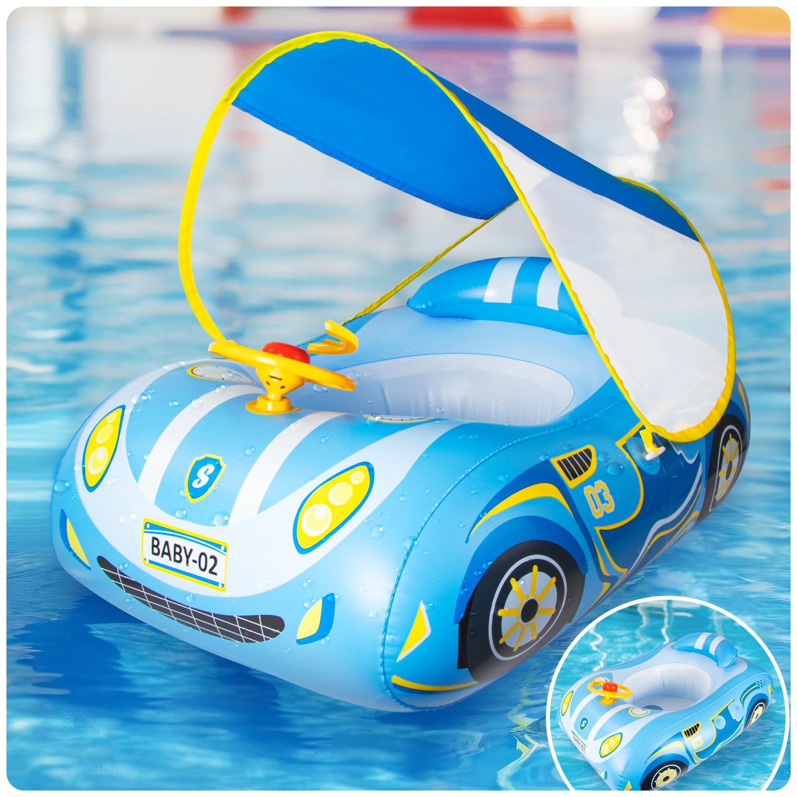 Salvagente Neonato con Parasole Spf 50+ con Tendalino Rimovibile Regolabile Sedile per Nuoto Piscina per Bambini Gonfiabile per Nuoto a Forma Aiuto per il Nuoto 18-48 Mesi Piscina Neonato