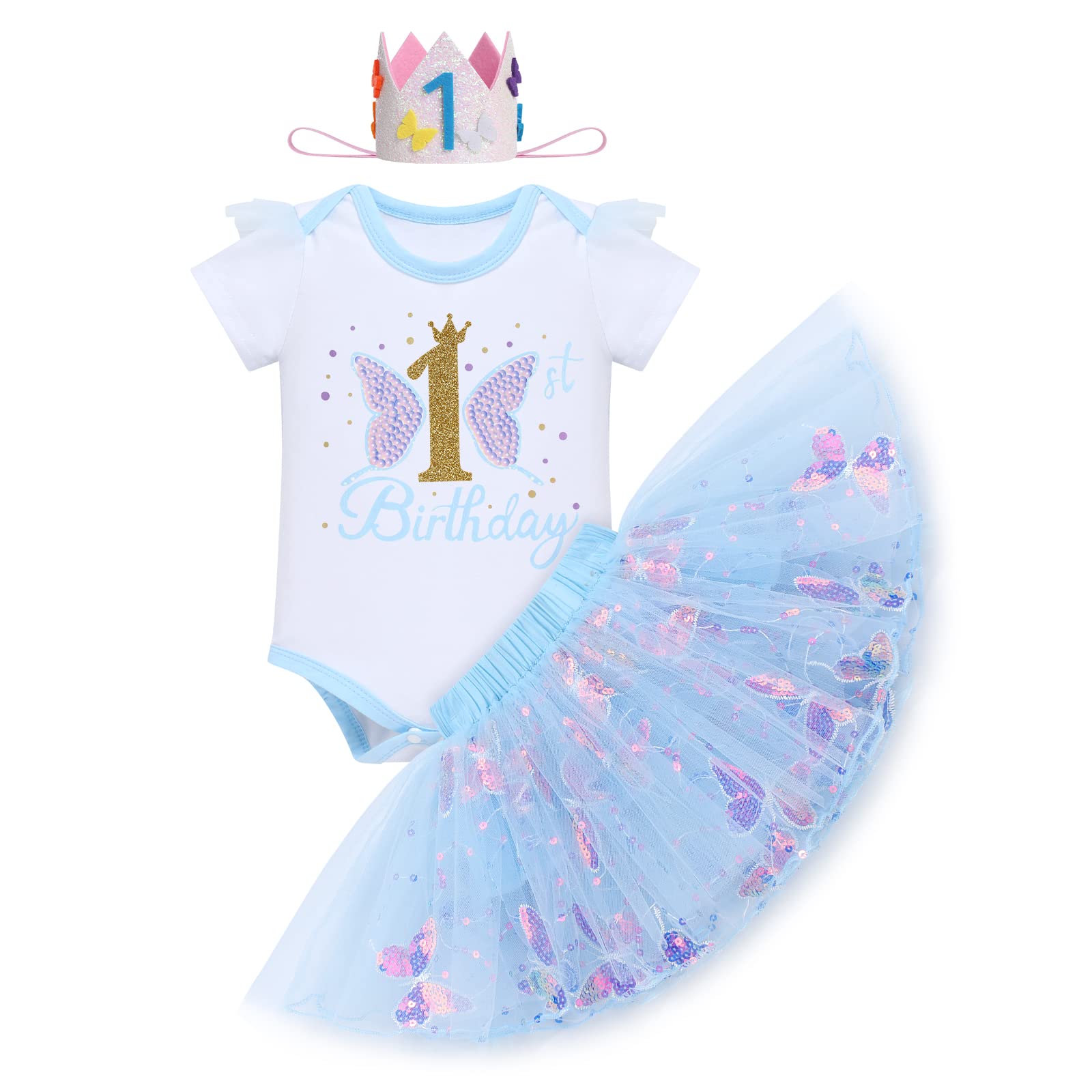 IBTOM CASTLE Cake Smash Tenue 1er anniversaire fille arc-en-ciel barboteuse jupe tutu bandeau 3 pièces Ensemble robe 2 ans, Deux manches longues, 2 ans