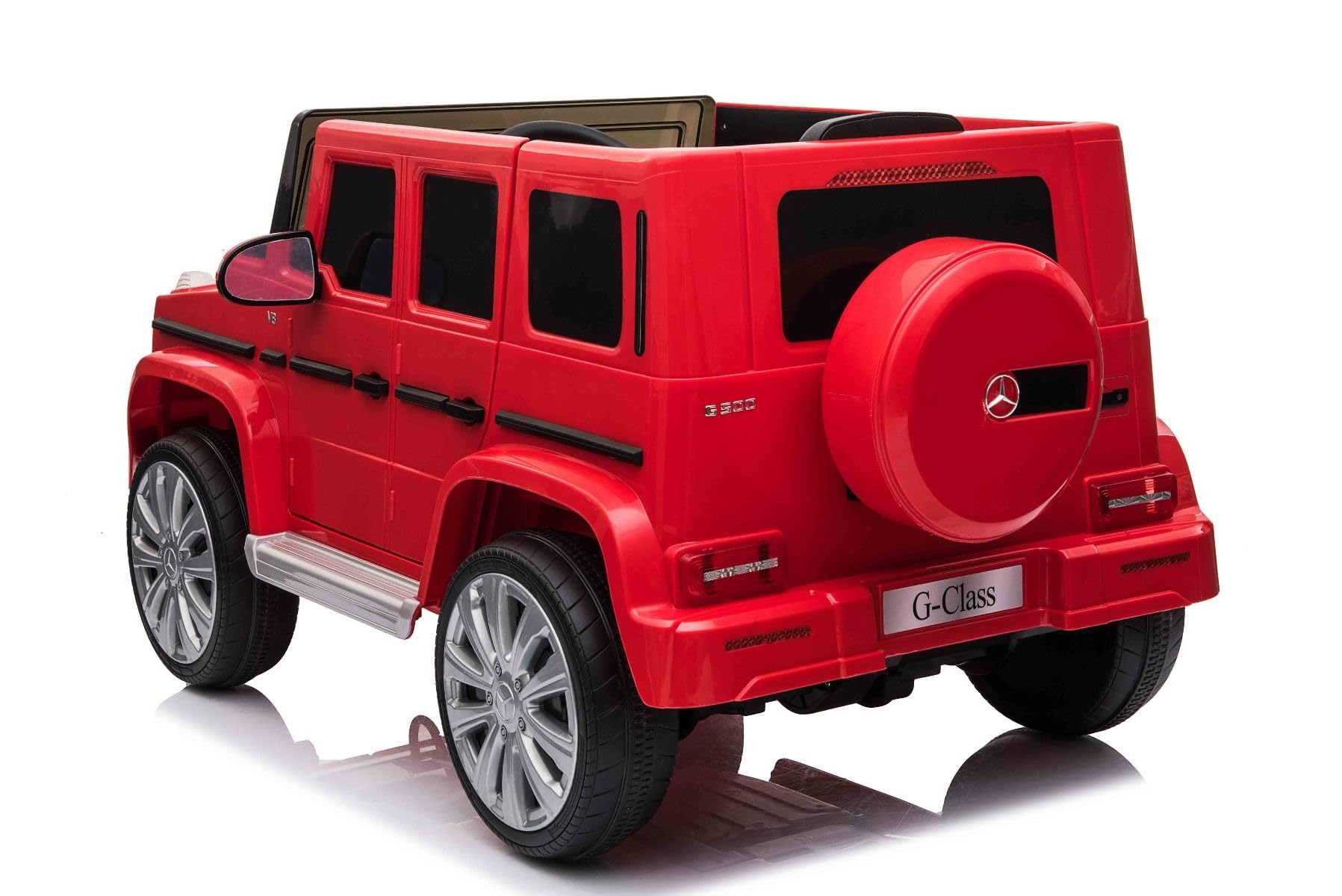 Samochód elektryczny Mercedes G500 12 V, czerwony, pilot 2,4 GHz, wejście USB/SD, tylne zawieszenie, bateria litowa, oświetlenie LED, oryginalna licencja