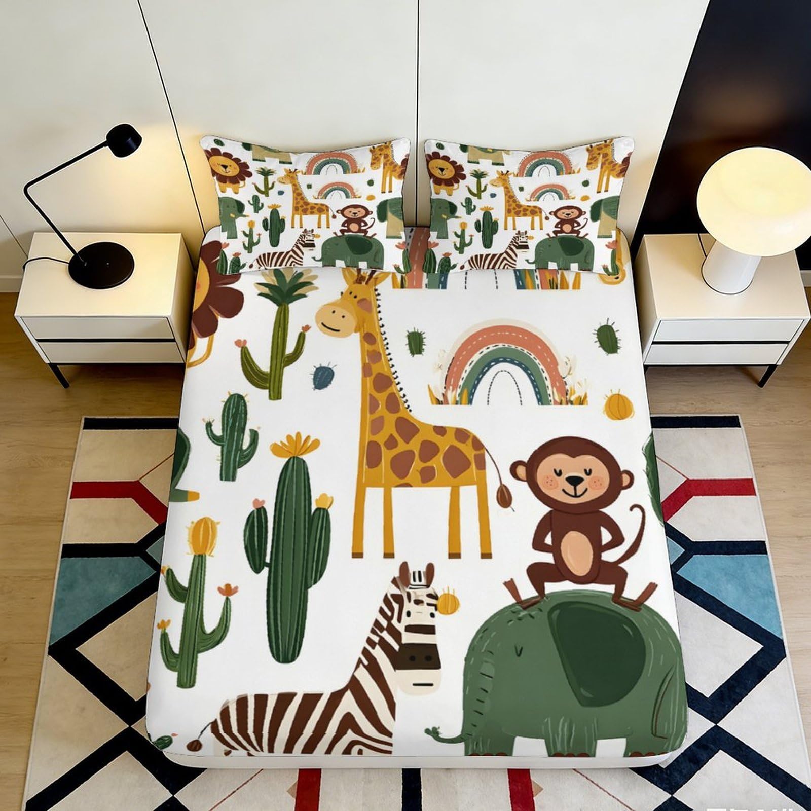 3D Printed Jungle Animals Fitted Sheet Microfiber Soft Kids Safari Rainbow Mattress Cover for Bedroom Dorm Decor 90x200x25cm
