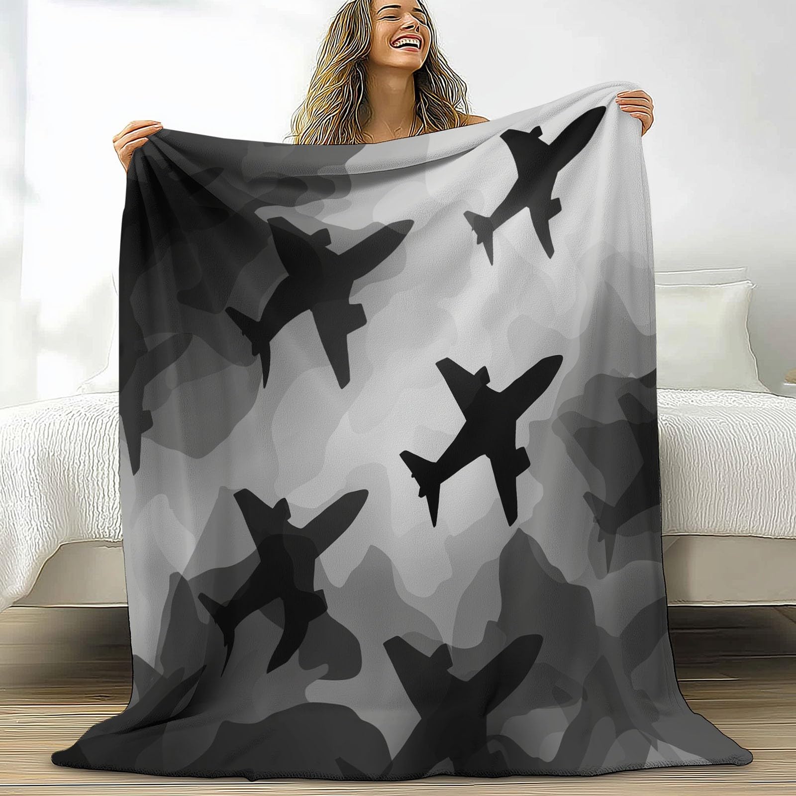 Samoloty koc z nadrukiem chmur, dla dzieci, styl wojskowy, miękki, przytulny, puszysty, flanelowy, dla dziewcząt, 220 x 240 cm, ciepła pościel polarowa, na sofę, kanapę, prezent urodzinowy