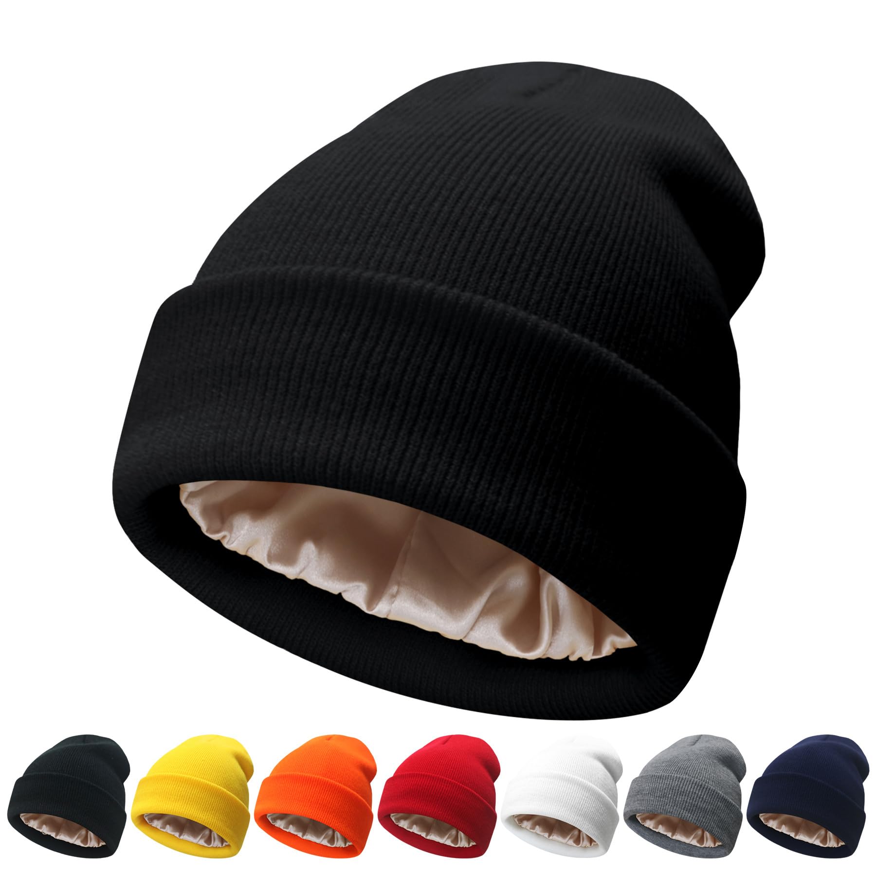 NPQQUAN Satin Lined Beanie for Women Silk Lined Beanies Winter Warm Soft Lining Cuffed Knit Beanie Hats for Woman