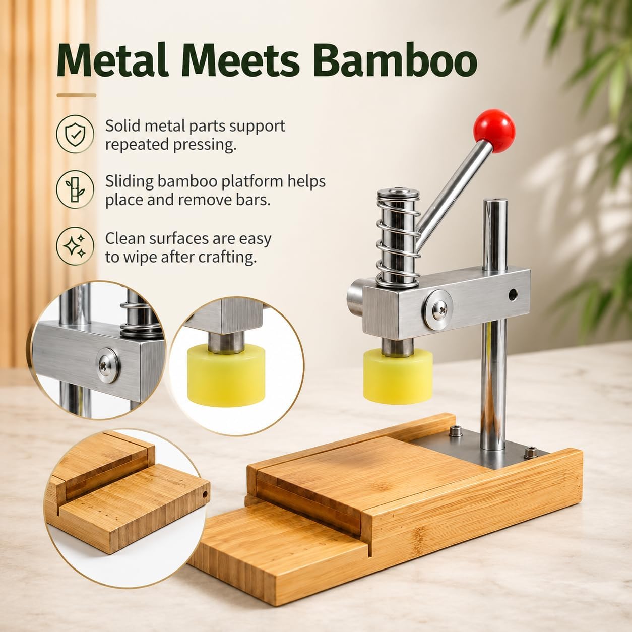 Prensa manual para estampar jabón, metal y bambú, 24,9 cm para manualidades DIY. Molde incluido.