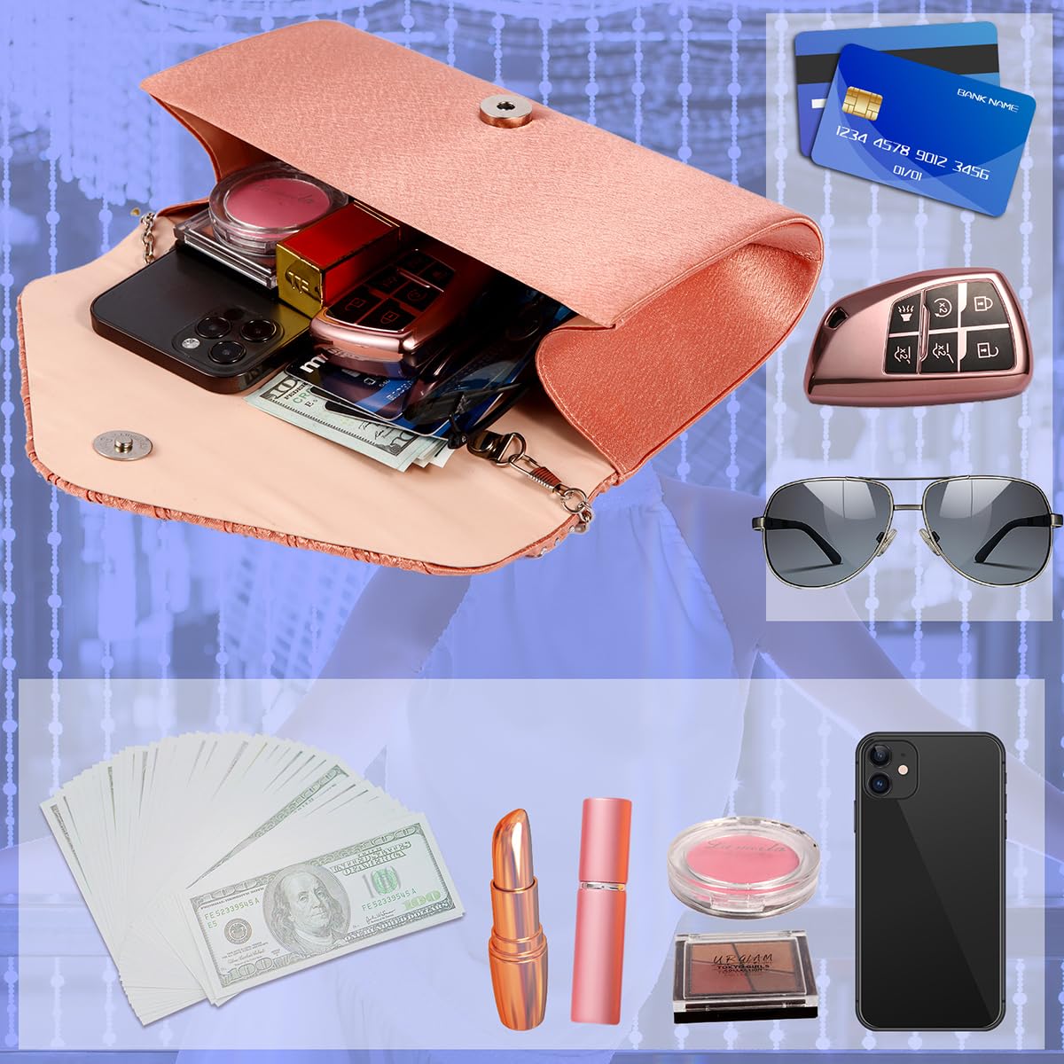 BBjinronjy Clutch Purses for Women Evening Bag Formal Rhinestone Handbags for Wedding Party Cocktail Prom Dinner: Rose Gold-peach
