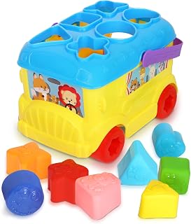 Playkidiz Bus Shape Sorter Toy for Toddlers 1-3: 16 Colorful Shapes, Push-Along Bus for Fine Motor Skills & Learning Fun