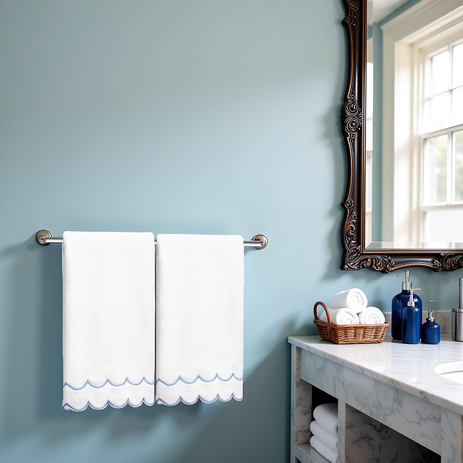 2 pcs Blue Scalloped Bath Towels Set Cute Embroidered Decorative Towels 100% Cotton Soft Towels Bathroom Decor(Blue, 2*Bath Towel) - Image 5