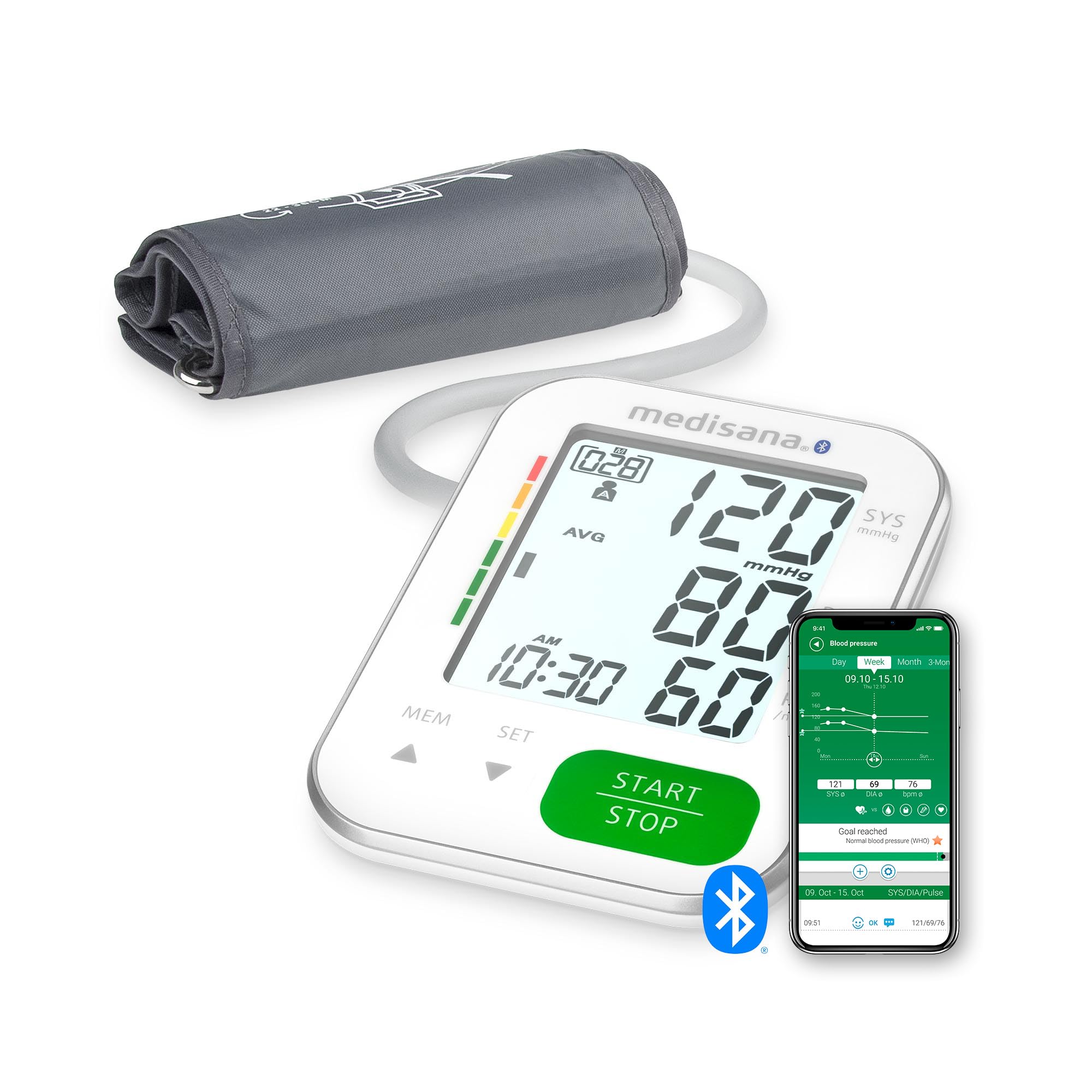 medisana BU 570 connect Tensiomètre à bras, mesure de pression et du pouls avec fonction mémoire et app Bluetooth, échelle de feux tricolores, fonction indication de rythme cardiaque irrégulier