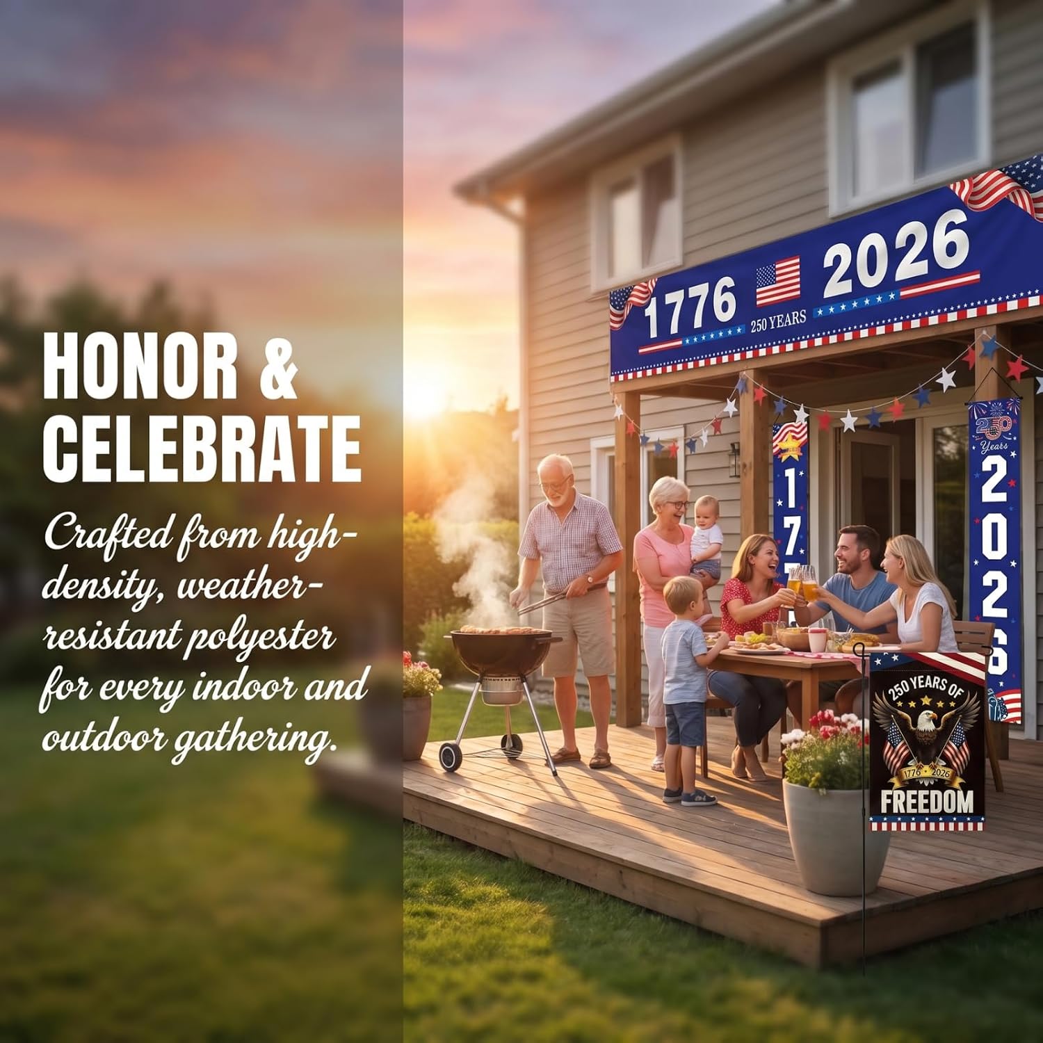 4th of July Decorations Outdoor - 250th Anniversary Decorations 5 Pack Patriotic Porch Banners for Independence Day - USA Spirit 1776-2026 US Birthday Hanging Flag Front Door Porch Signs Indoor Outdoor (Blue Black Set 3)
