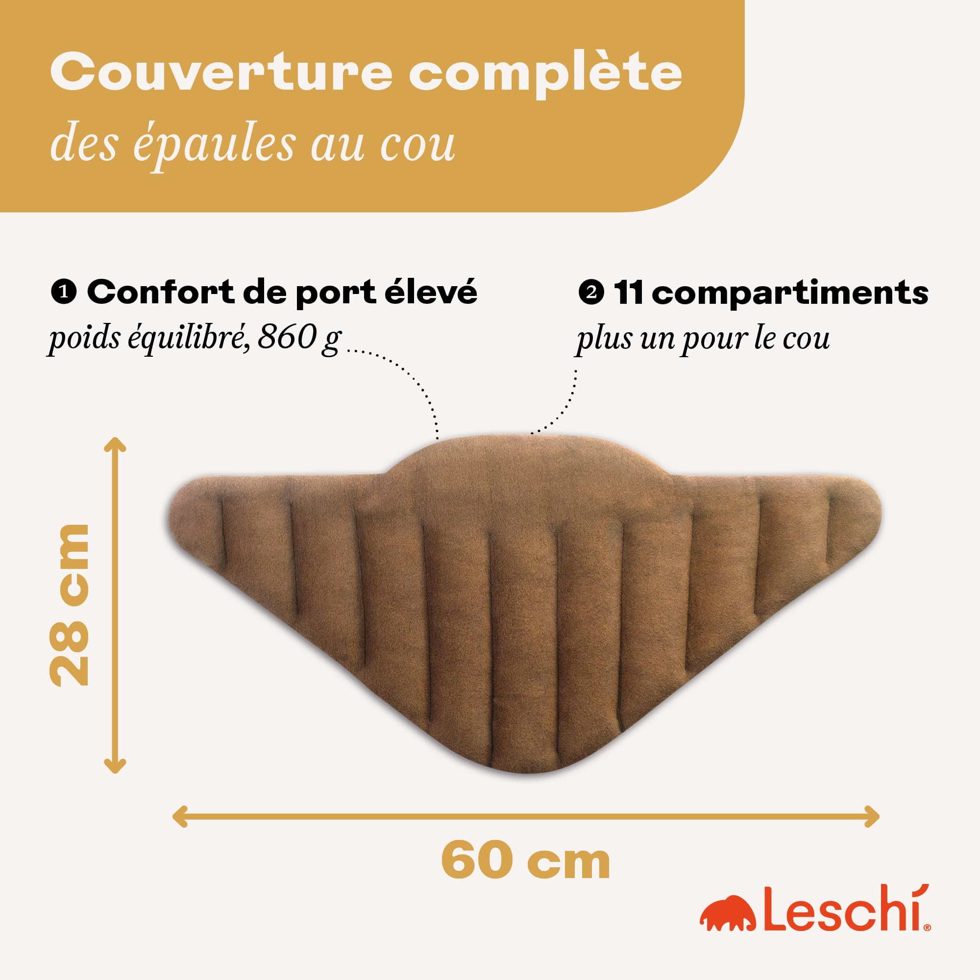 LESCHI XXL Coussin chauffant micro ondes (60x28cm) en coton 100% bio, 11 compartiments, marron, Bouillotte graines de blé 100% bio, Bouillotte micro-ondes idéale pour réchauffer épaules, cou, nuque