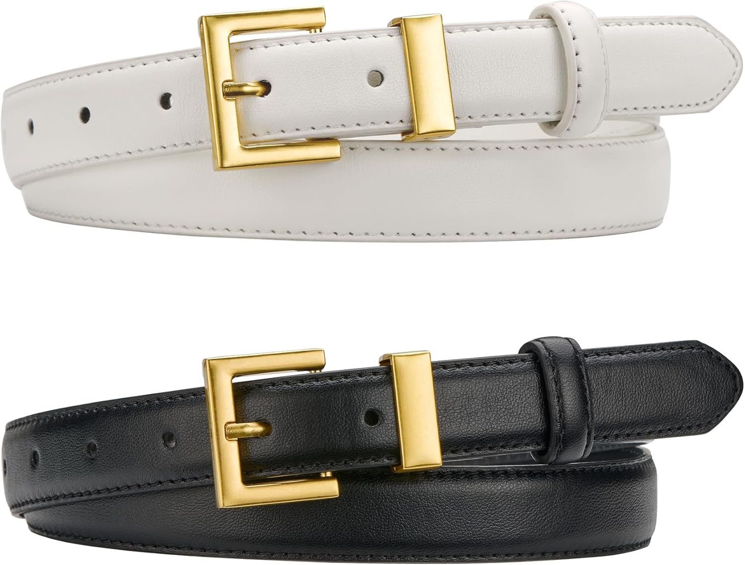 2 Pack Women Skinny Leather Belts for Jeans Dress Pants Thin Faux Leather Waist Belt for Ladies with Golden Buckle