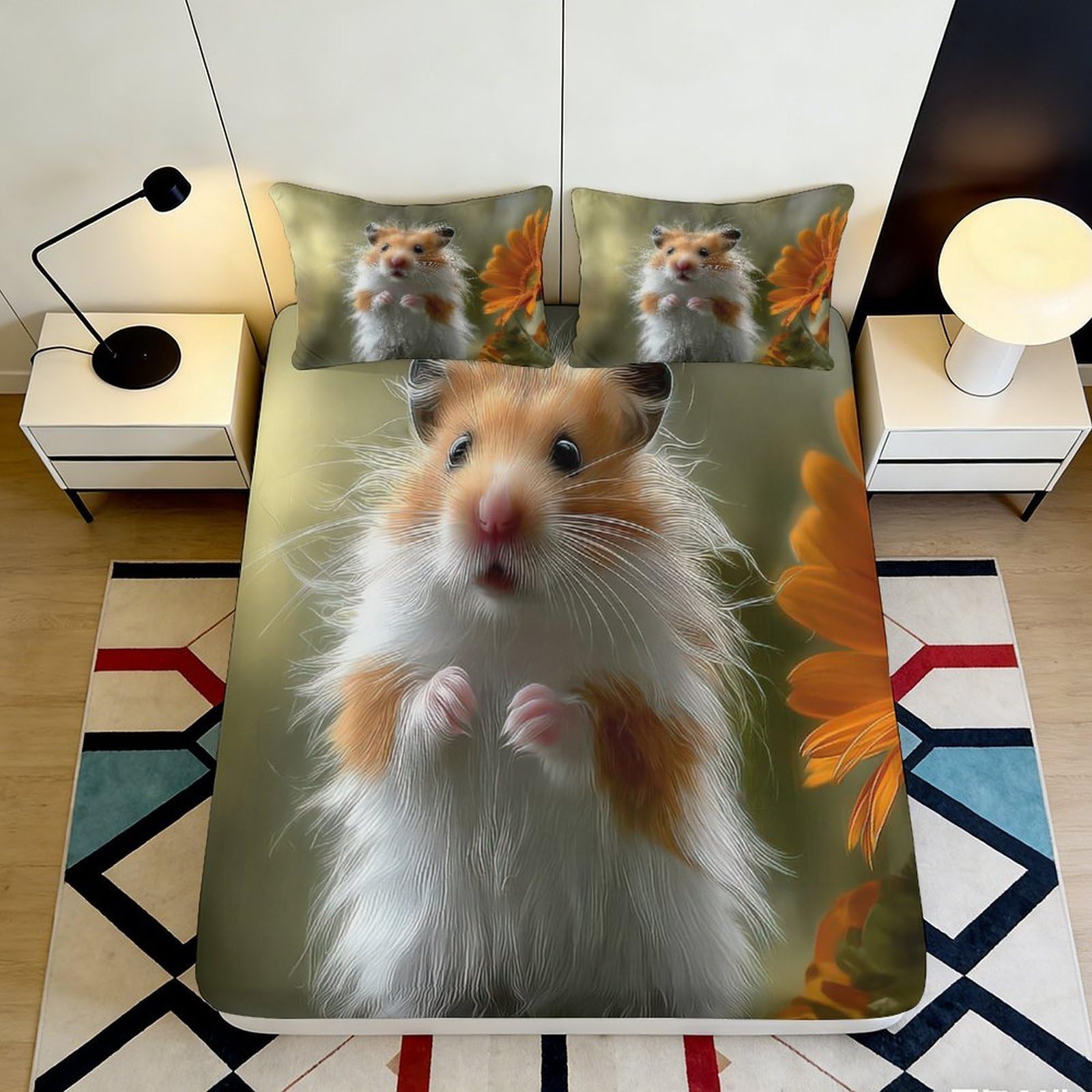 Pnayamiorkfel Style-1 3D Printed Cute Hamster Fitted Sheet Microfiber Orange Flower Mattress Cover For Bedroom Dorm Decorative Protection 90X200x25cm