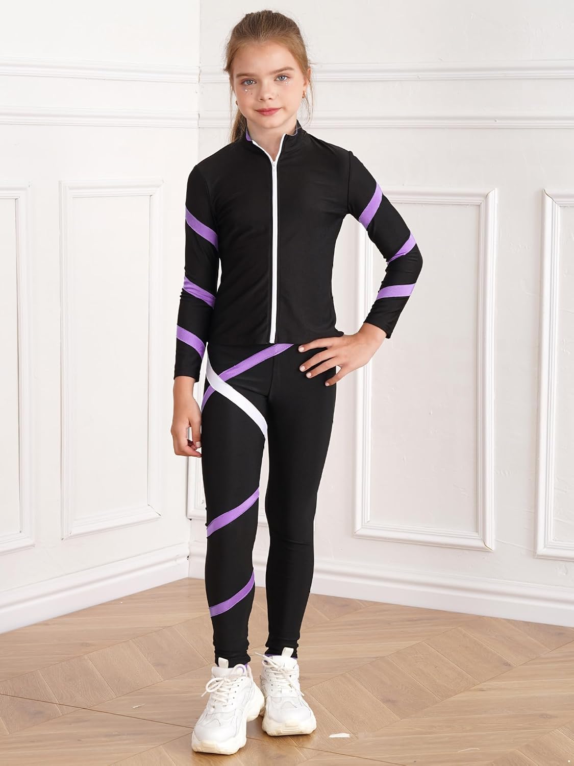 Kids Girls 2Pcs Contrast Color Ice Skating Suit Long Sleeve Zipper Sweatshirt and Leggings Training Set