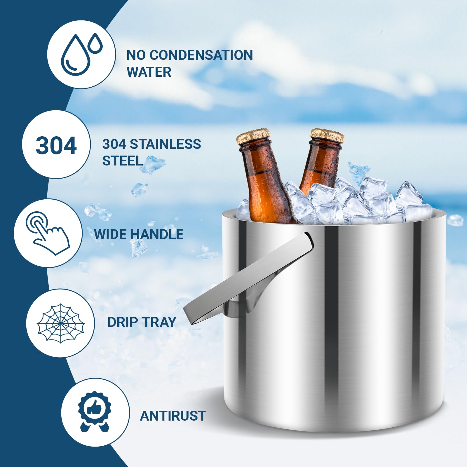 USHOP 3.2L Secchiello Ghiaccio in Acciaio Inox,Secchiello per Ghiaccio a Doppia Parete in Acciaio Inox con Manico Pinze Coperchio e Filtro,Ideale per Bar Domestici,Feste e Servizio Cocktail