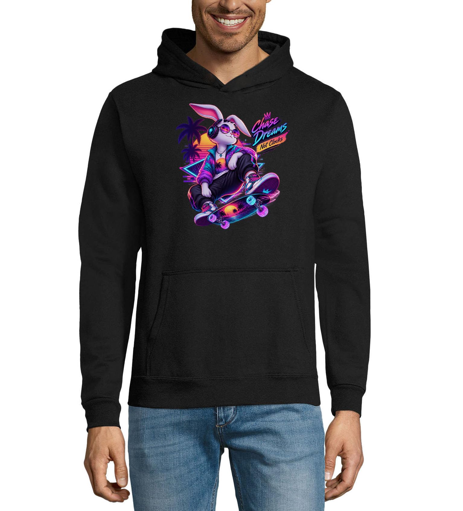 Retro Bunny Skateboarder Chasing Dreams unisex mieszanka bawełny bluza z kapturem bluza z kapturem czarna