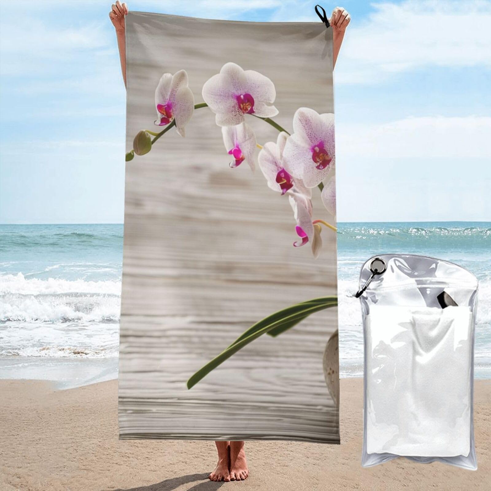 kkvhhyuo Microfiber Beach Towel, Orchid Printed Lightweight Quick Dry Travel Bath Sheet with Compact Carry Bag for Swimming Yoga Camping Gym,31.5"x63"