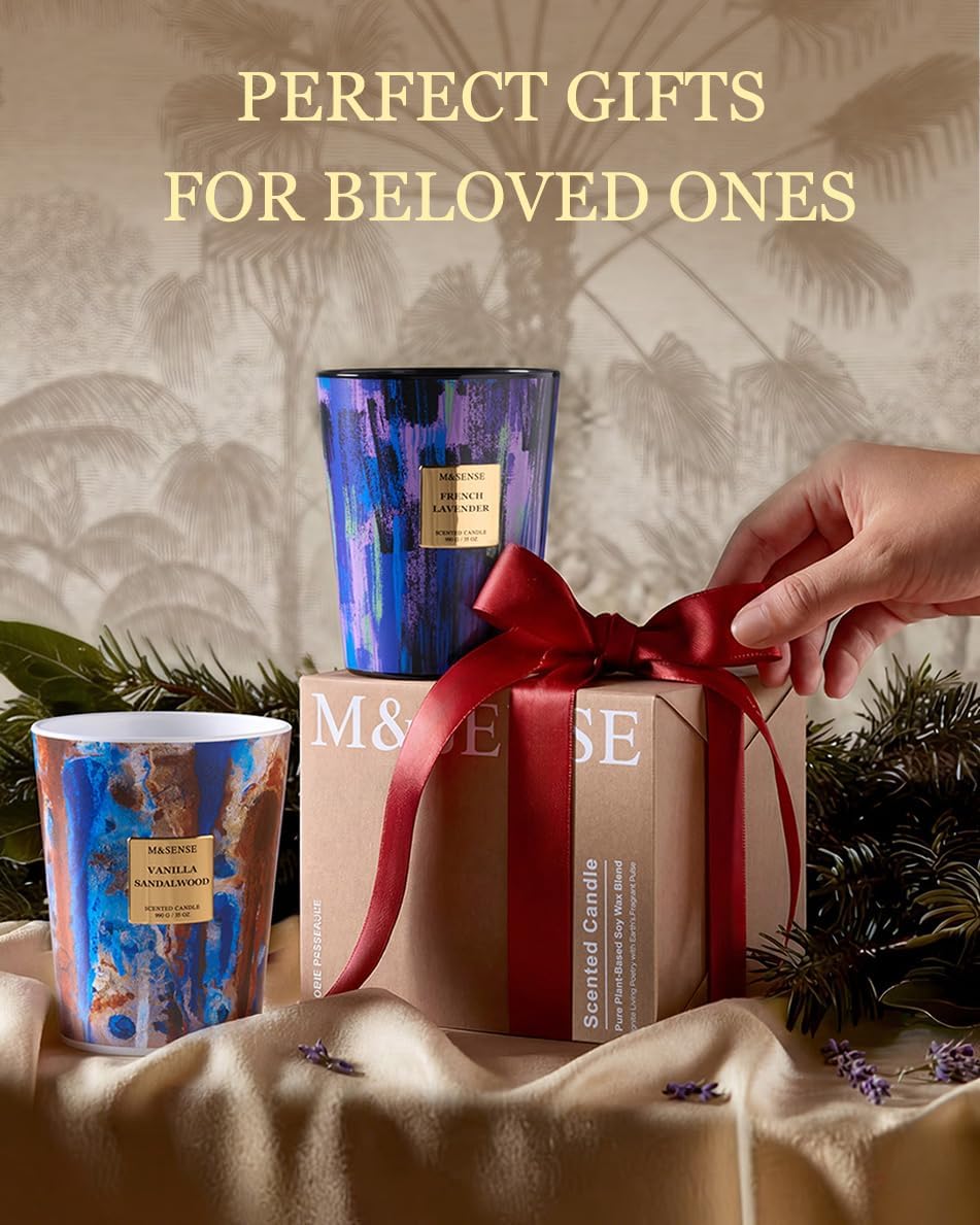 M&SENSE Large Soy Vanilla Sandalwood Scented Candle, 35oz 150 Hours 3-Wick Non-Toxic Candles, Warm Cozy Housewarming Gift, Mothers Day Decor for Home Relaxation