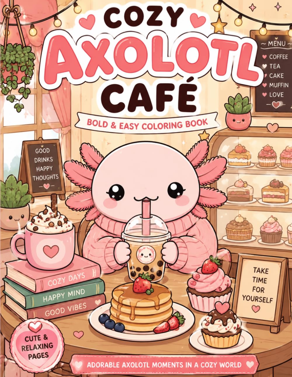 Cozy Axolotl Café: Cute & Relaxing Bold and Easy Coloring Book with Tropical Café Moments, Sweet Desserts and Cozy Rainy Vibes (Cozy Axolotl Universe)