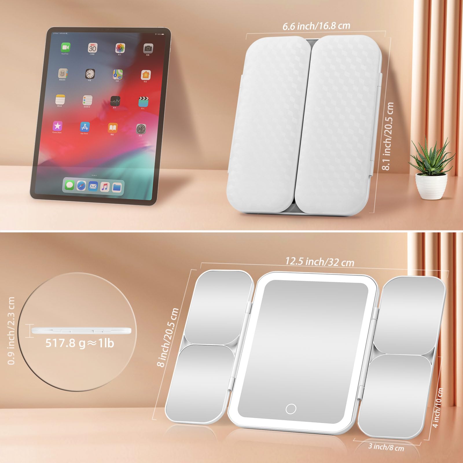 Espejo de maquillaje de viaje plegable con luz, 1x/5X/10X/20x/30x, espejo de maquillaje de viaje recargable con soporte ajustable, 3 colores regulables, control táctil (blanco puro)