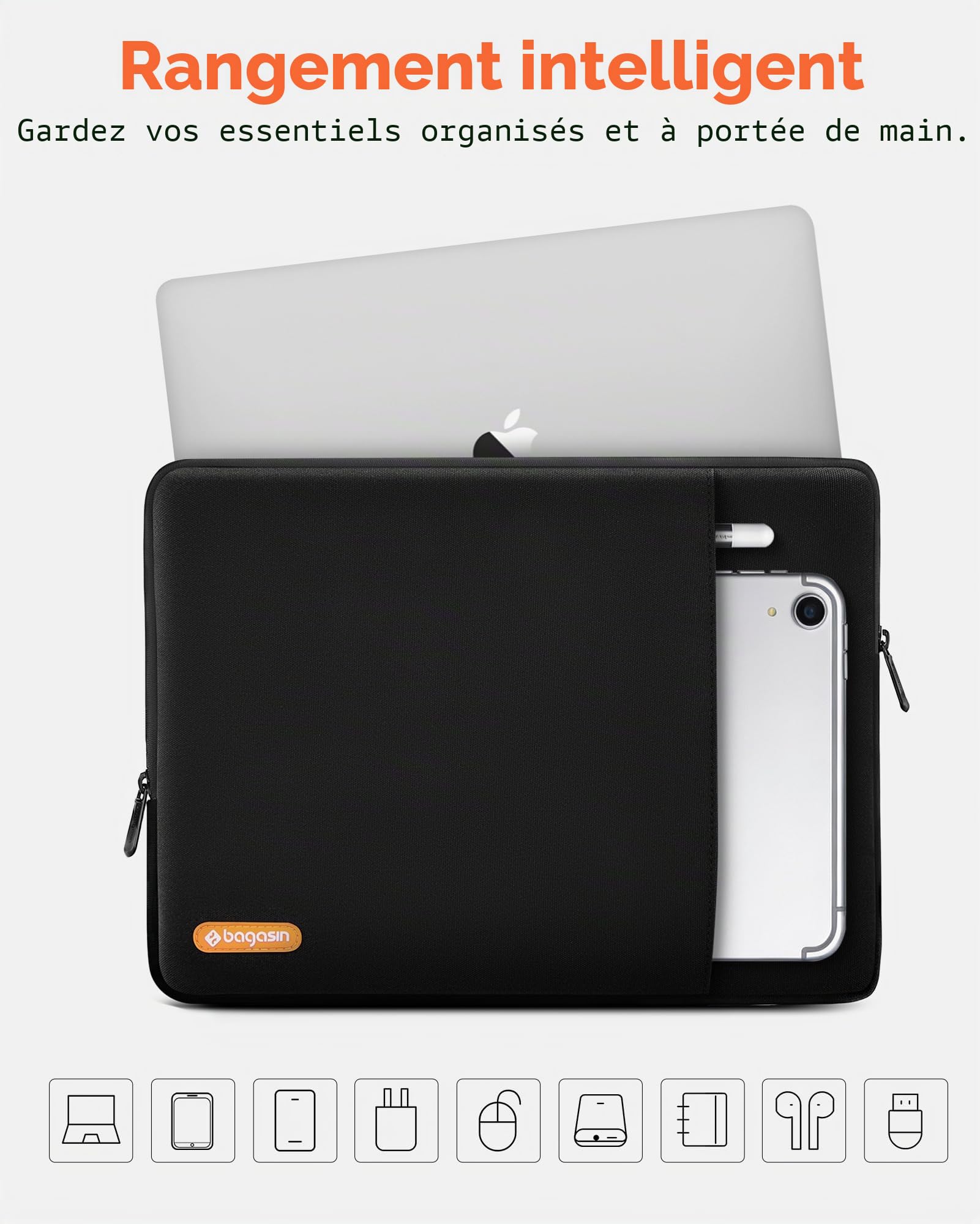 bagasin Housse ordinateur portable 15 15,6 16 pouces avec poche accessoires, compatible avec MacBook Air M5 A3448, M4 A3241, M3 A3114, M2 A2941 (2026–2023), Dell XPS, résistante à l’eau et à la saleté