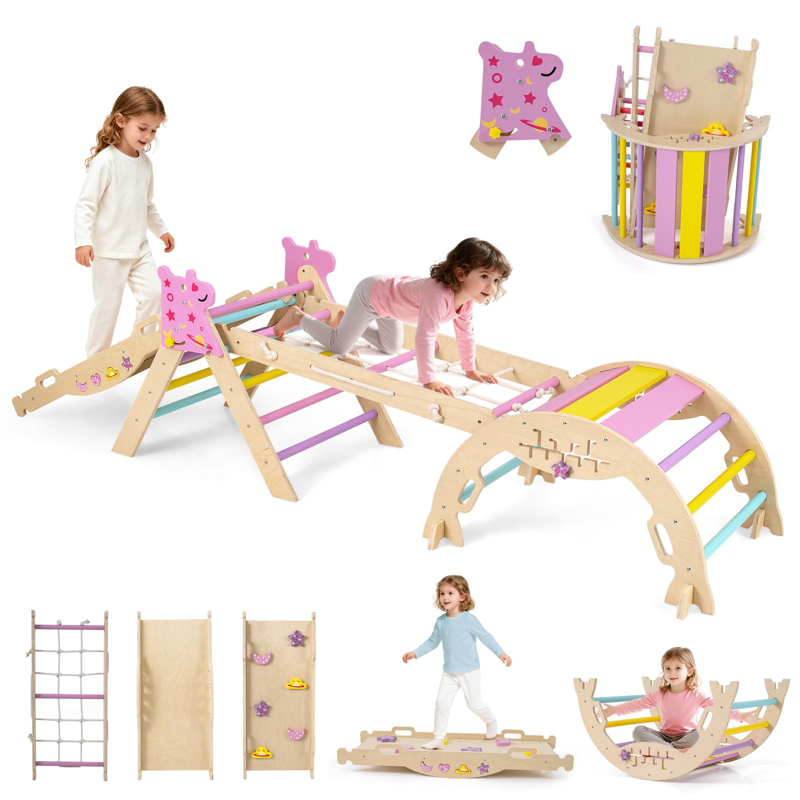 GOPLUS Triángulo de Escalada 9 en 1, Montessori Escalador Infantil Plegable con Tobogán, Estructura de Escalada con Arco, Rampa, Slide Aprendizaje para Niños de 1+ Año, Carga 50KG (Macaron,Unicornio)