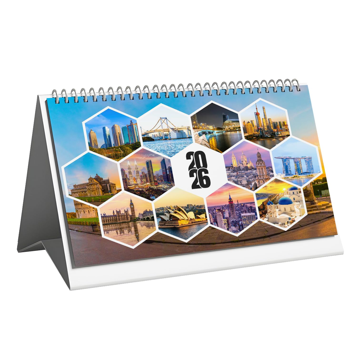 PAPER PLANE DESIGN 2026 Table Calendar – 9x6 Inch Desk Calendar | Spiral Stand for Home, Office & Study Table Décor (Foreign Places)-image-1