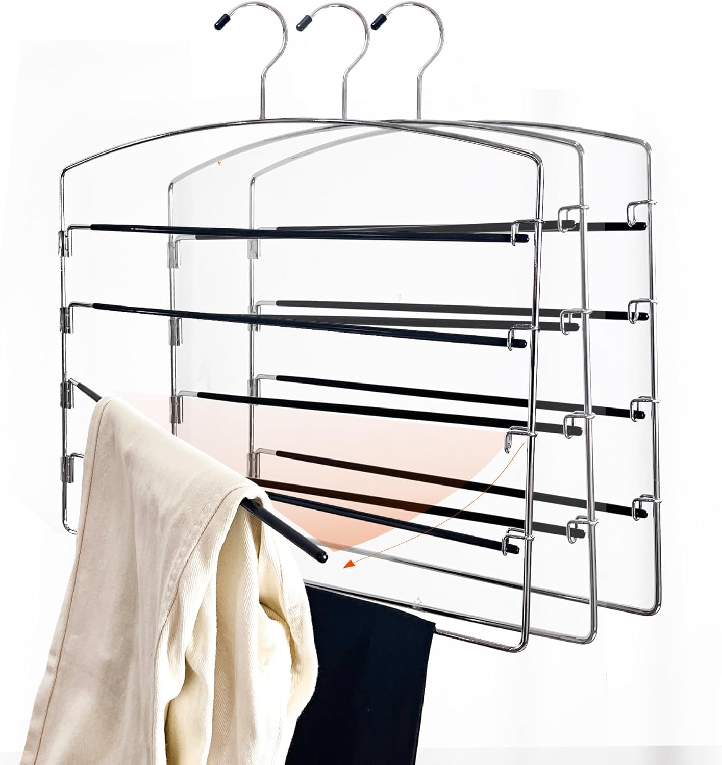 Larger Size Pants Hangers 3-Pieces, 4 Tiers Extended Swing Arm Non-Slip Space Saving Clothes Hangers, Dorm Room Essentials Hanging Closet Organizer Rack for Jeans Trousers Casual Clothes