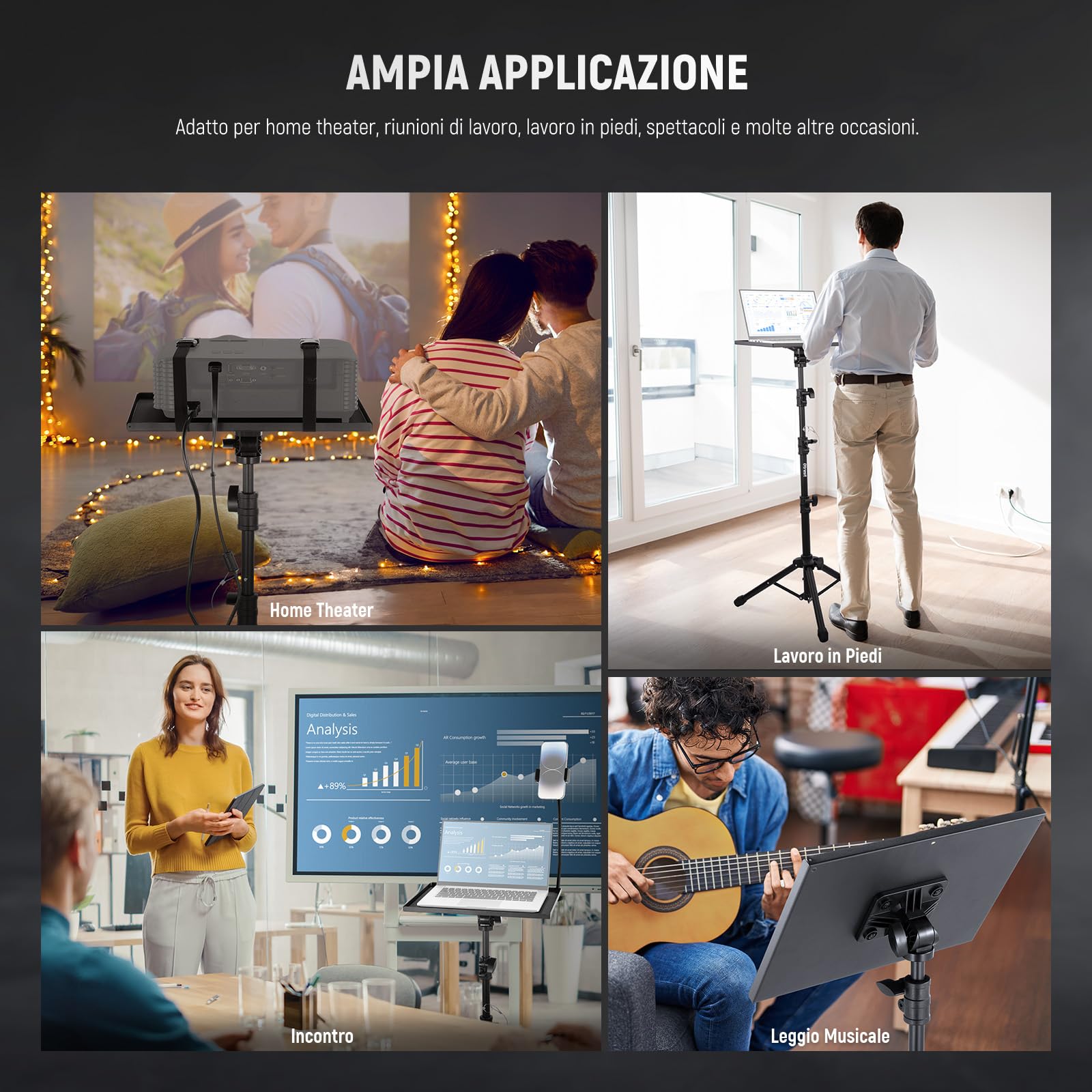 Supporto Proiettore con Vassoio Incli a 180° e Porta Telefono, Treppiede per Proiettore/Laptop Telescopico da 76-145cm, Cavalletto per Proiettore Portatile Pieghevole per Studio/Palco, Max10kg