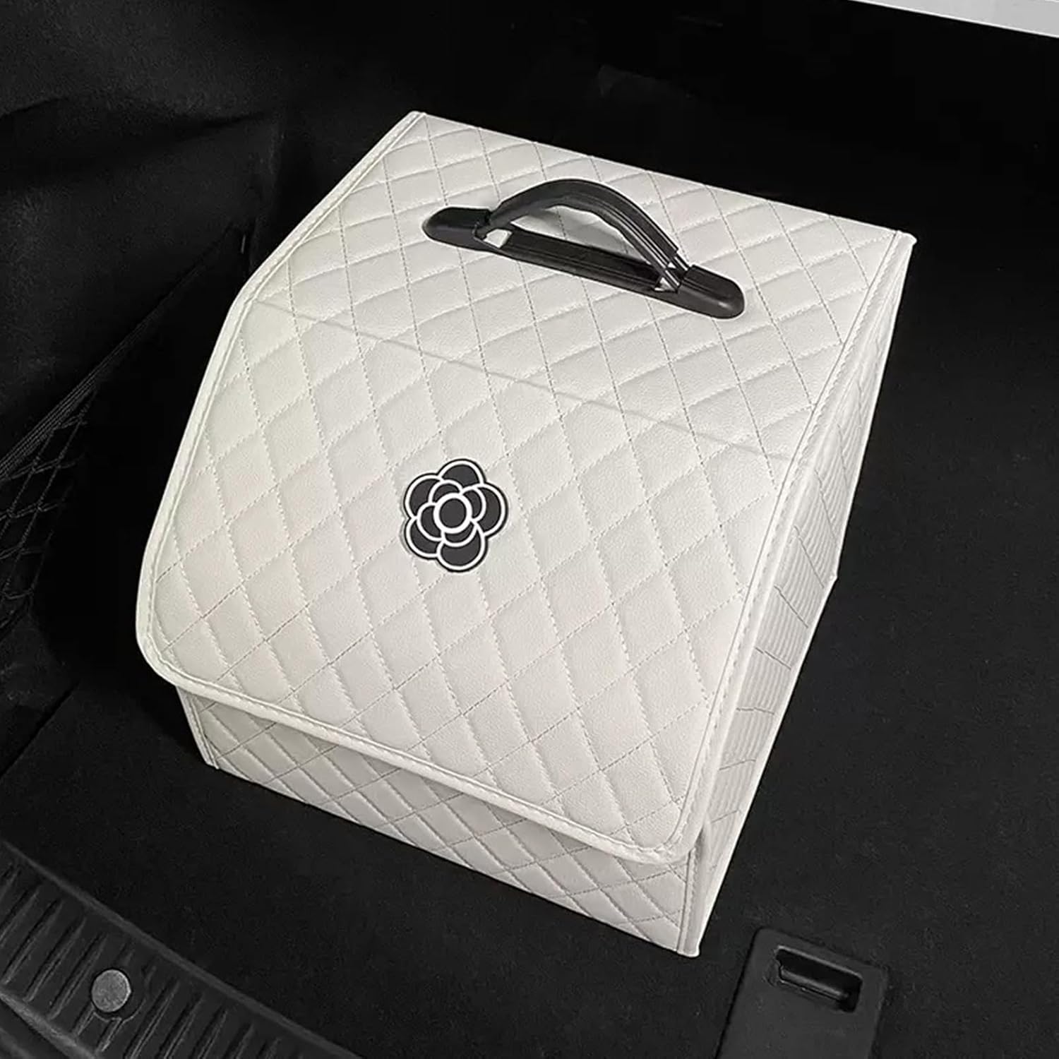 Tissting Car Storage Box PU Leather Trunk Suv Organizer with Lid, White 39x31x29cm Garage Cargo Organizer for Camping Picnic Shopping