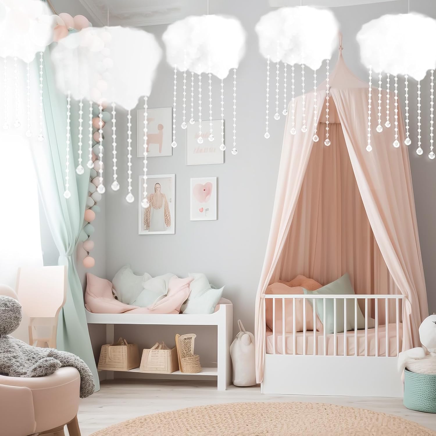 9 Sets Artificial Cloud Props Ceiling Cloud Decorations with Sun Catching Crystals 3D Hanging Fake Clouds Cotton for Bedroom Living Room Ceiling Baby Shower Party Wedding DIY Hanging Ornament