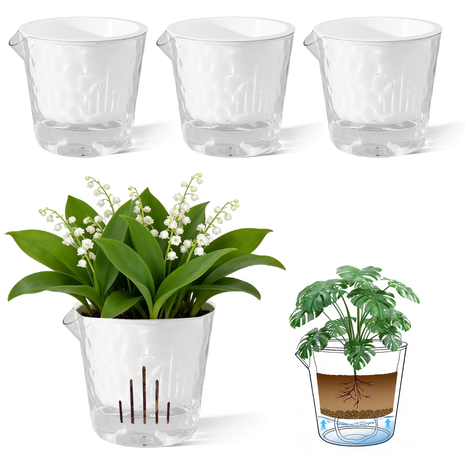 Yimomoyi Set di 4 vasi per erbe aromatiche da cucina, autoirriganti, con sistema di irrigazione, vaso autoirrigante, grande con serbatoio di acqua trasparente, vaso di basilico, vaso di fiori, bianco