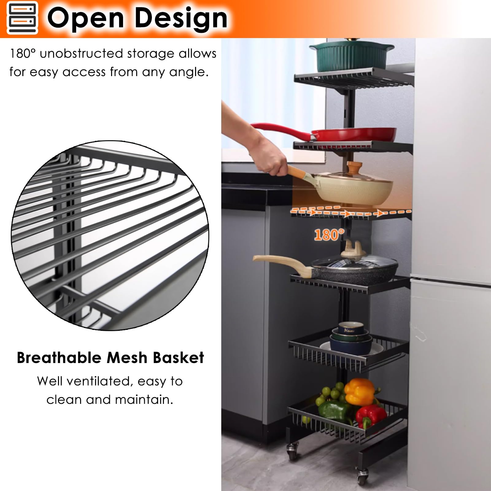 Carrito organizador de ollas y sartenes, estante de almacenamiento ajustable para ahorrar espacio en la cocina