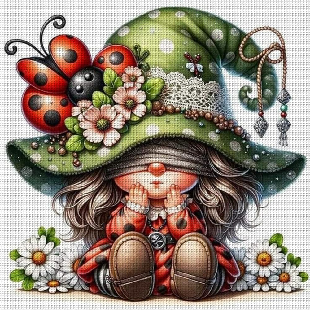 Hi-Y2kgirls Ladybird Gnome Stamped Cross Stitch Kits- 11Ct Cross Stitch Kits For Beginners Adults Needlepoint Cross-Stitch, Gnome Patterns Needlecrafts Embroidery Kits Arts Crafts