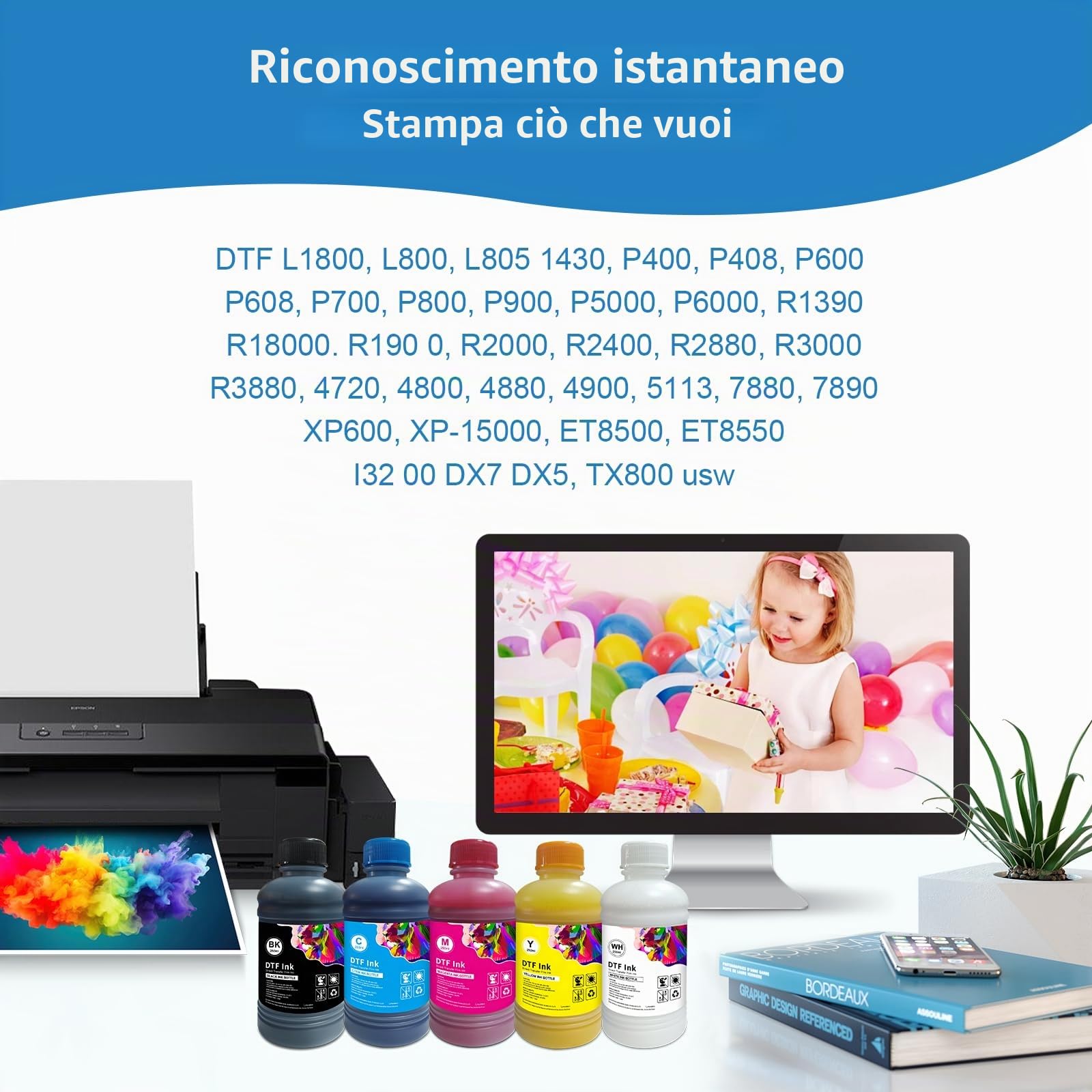 DTF Inchiostro 5x250ml Inchiostro a pigmenti premium per pellicole PET, inchiostro di ricarica per trasferimento termico per tutte le stampanti DTF con testine di stampa come DX5 DX7 5113
