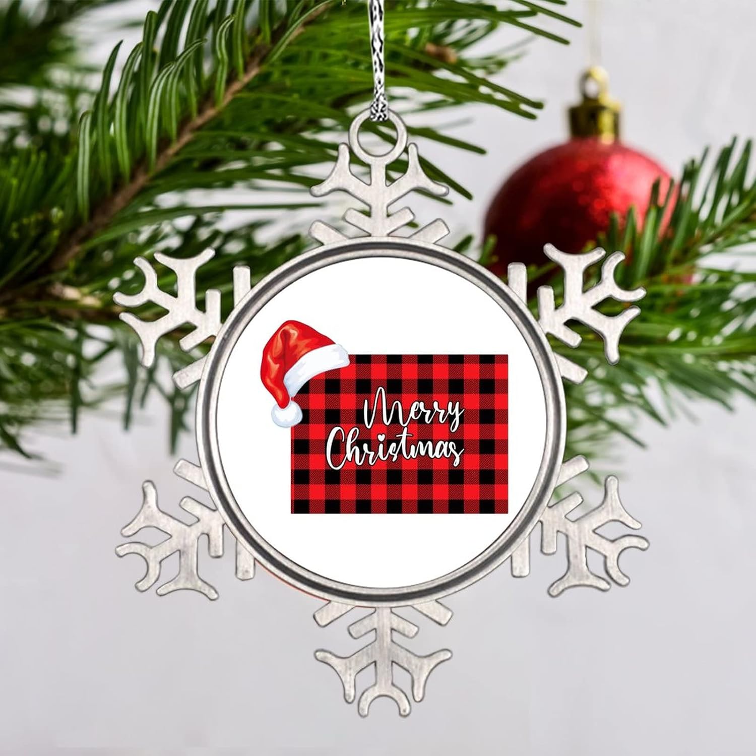 Snowflake Ornaments Colorado Home State Personalized Christmas Ornaments 2022 Buffalo Plaid Map Christmas Hat Ornaments for Christmas Trees Metal Souvenir Xmas Tree Hang Pendant Exchange Gift 3 Inch