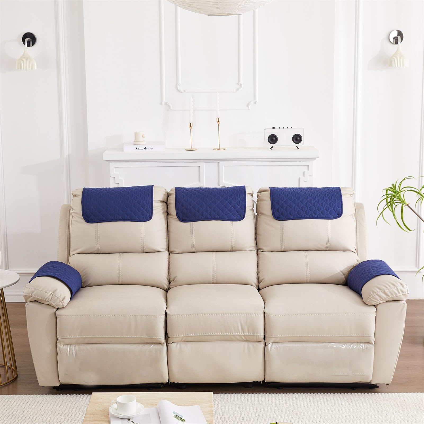 Copribraccioli, Copri Bracciolo Divano con Tasca,Impermeabile Odere per Poggiatesta per Divano A 1/2/3 Posti Antiscivolo Copripoltrona Trapuntato (3 Posti 5pz,Blu Navy)