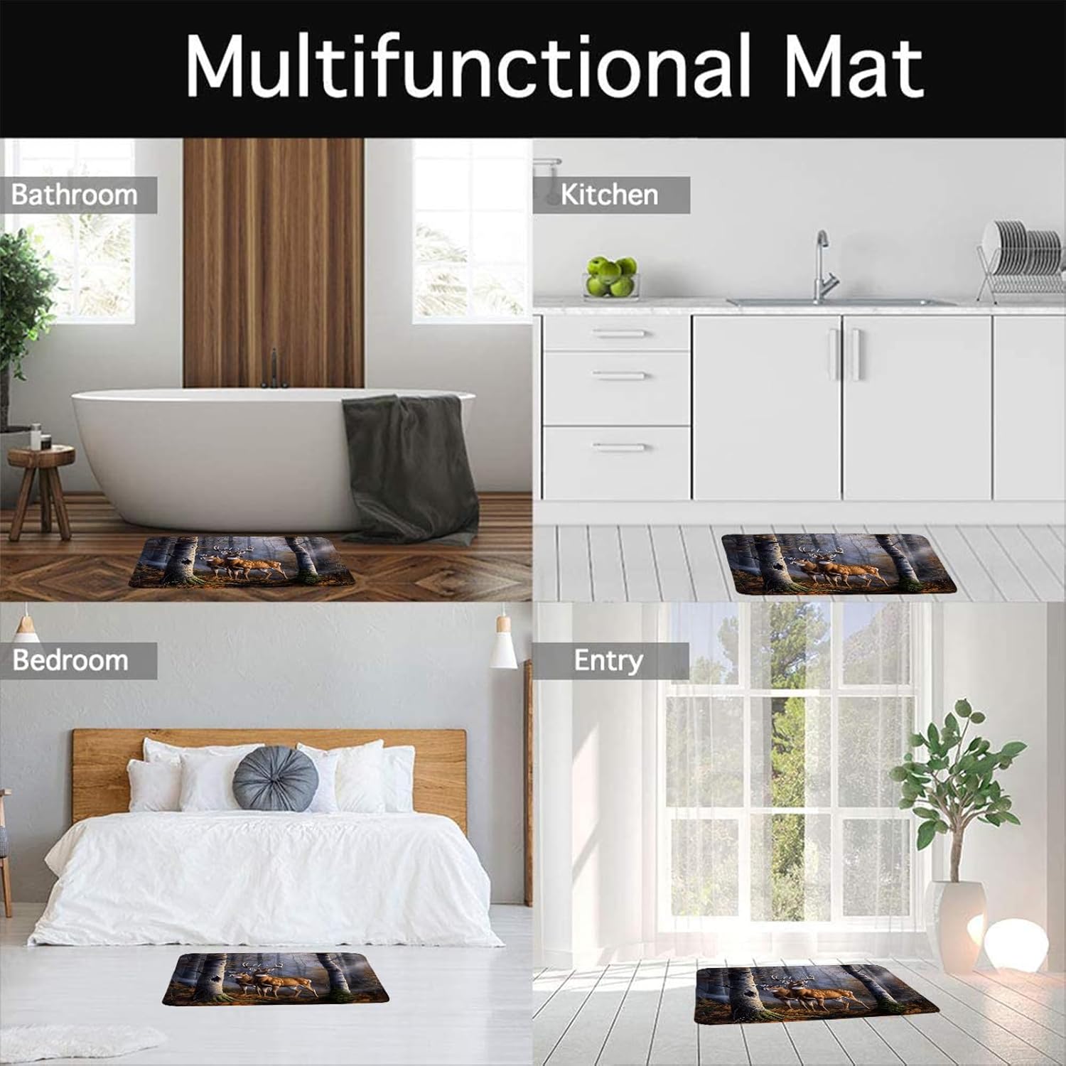 Deer Forest Bath Mat Cabin Rustic Wild Animal Deer Elk Moose Birch Tree Forest Lodge Hunting Camping Vintage Farmhouse Bathroom Decor Rug Doormat Toilet Floor Rug,24x60 Inch