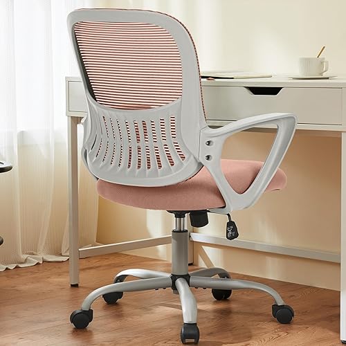 DUMOS Office Desk Chair - Ergonomic Mid Back with Lumbar Support & Rocking Mode, Height Adjustable with Fixed Armrest, Storage Back for Computer, Gaming, Conference, Meeting Room, 360° Swivel, Pink