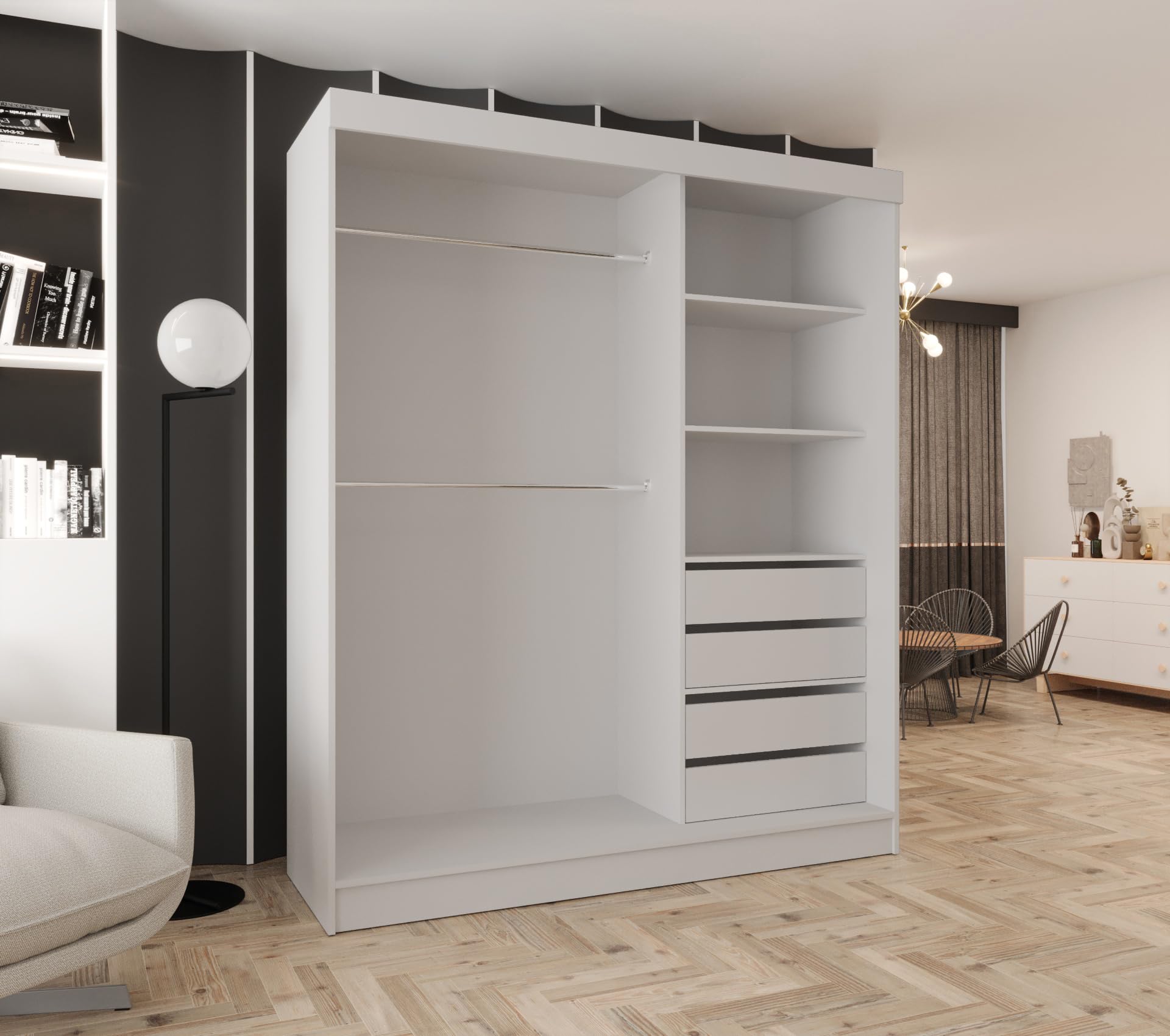 Kleiderschrank mit Schiebetüren 180cm breit Weiß 180x205 cm | 2 Kleiderstangen, 4 Schubladen, MDF Platte, Inklusive Montageset, Mit Einlegeböden, Viel Stauraum, Praktische Aufteilung