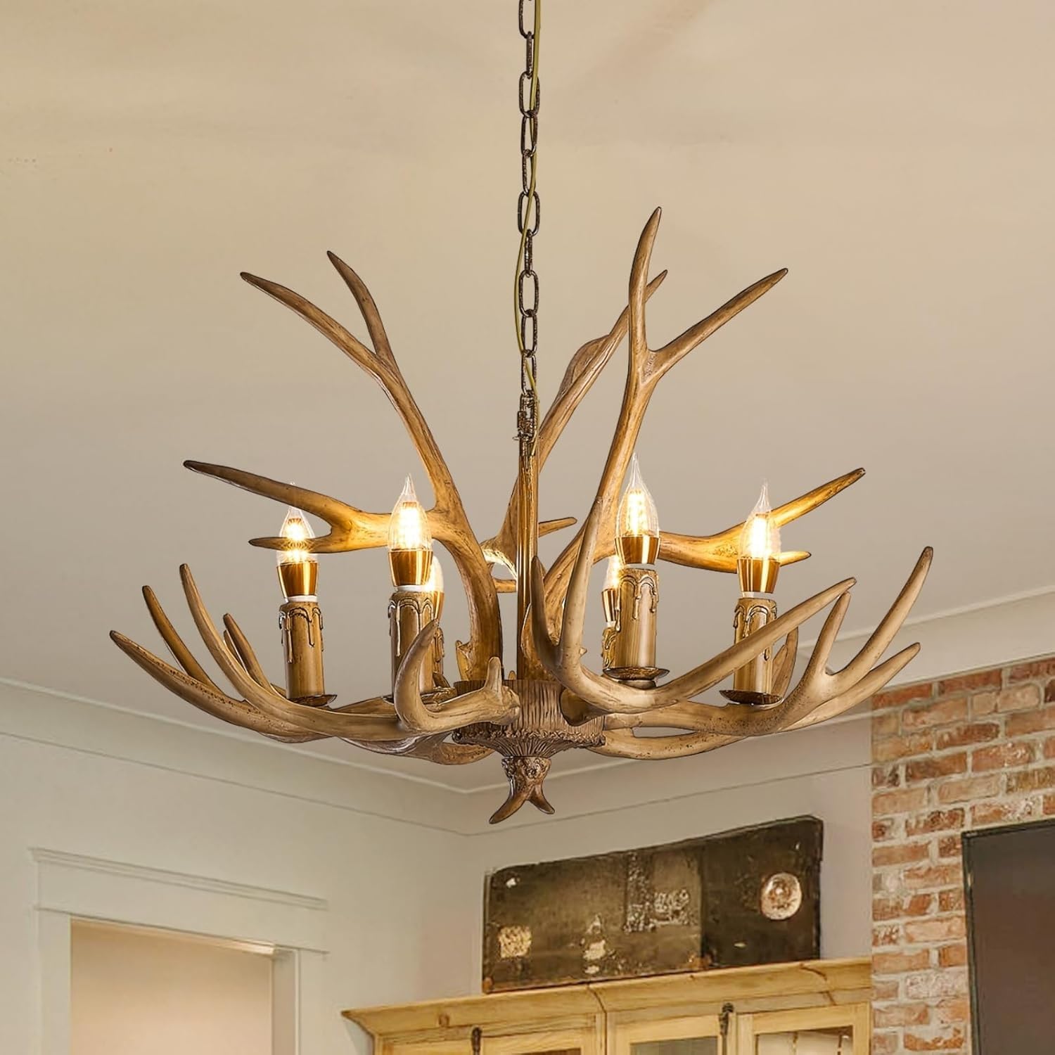 VTAMng Pendant Light Retro Candle-Style Antler Chandelier Rustic Resin Deer Horn Ceiling Light for Farmhouse Dining Room Kitchen Island Cabin Bar Entryway Foyer Adjustable Brown Hanging Lamp(6 lights)
