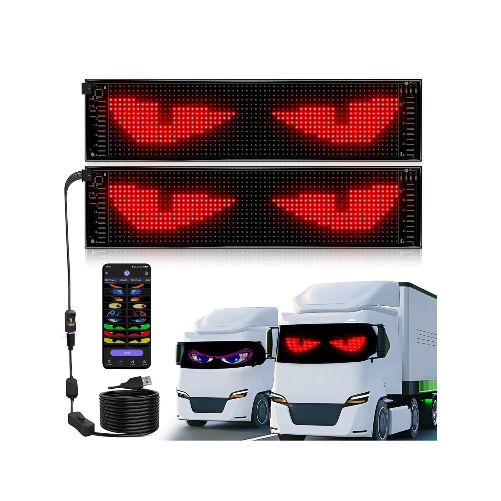 Pannello LED Flessibile Programmabile 2 Pezzi con Sincronizzazione Automatica e Orologio Digitale, occhi led 59x12 cm per Insegne Luminose Personalizzate camion/Auto