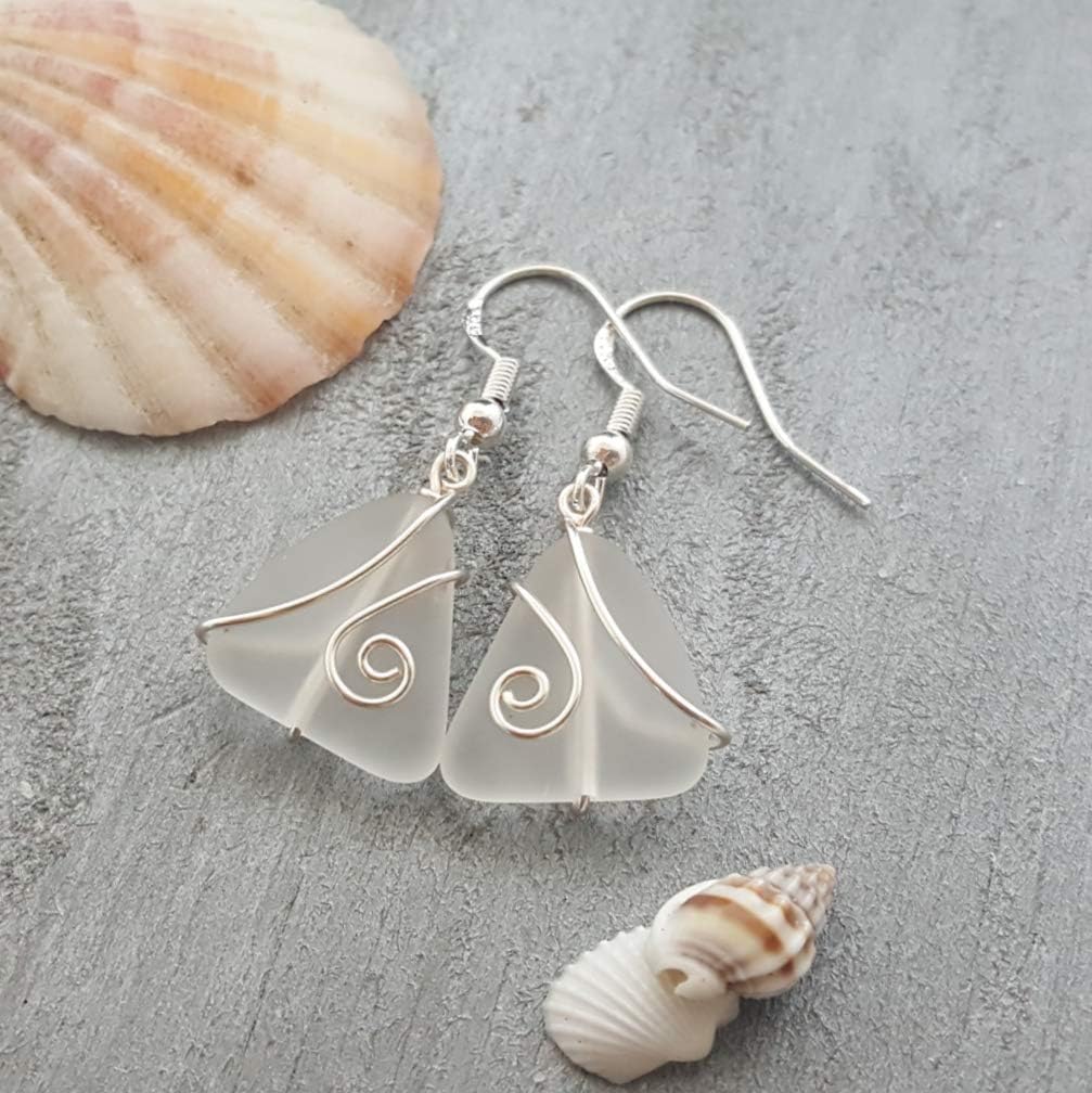 for Women, Wire Crystal Earrings, Sea Glass Jewelry Unique Earrings, Beach Birthday Gift For Women (April Birthstone Jewelry)